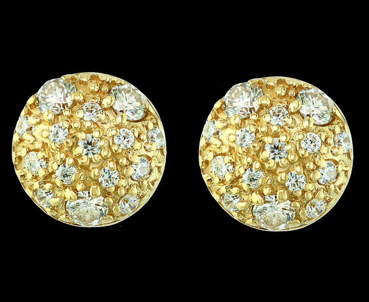 A sweet, shimmery style for any day of the week. These stud earrings blossom floral clusters of approximately 2 ct. t.w. round brilliant-cut diamonds. Set in 14 kt Yellow gold. Post, diamond floral cluster stud earrings.
It's a unique and playful