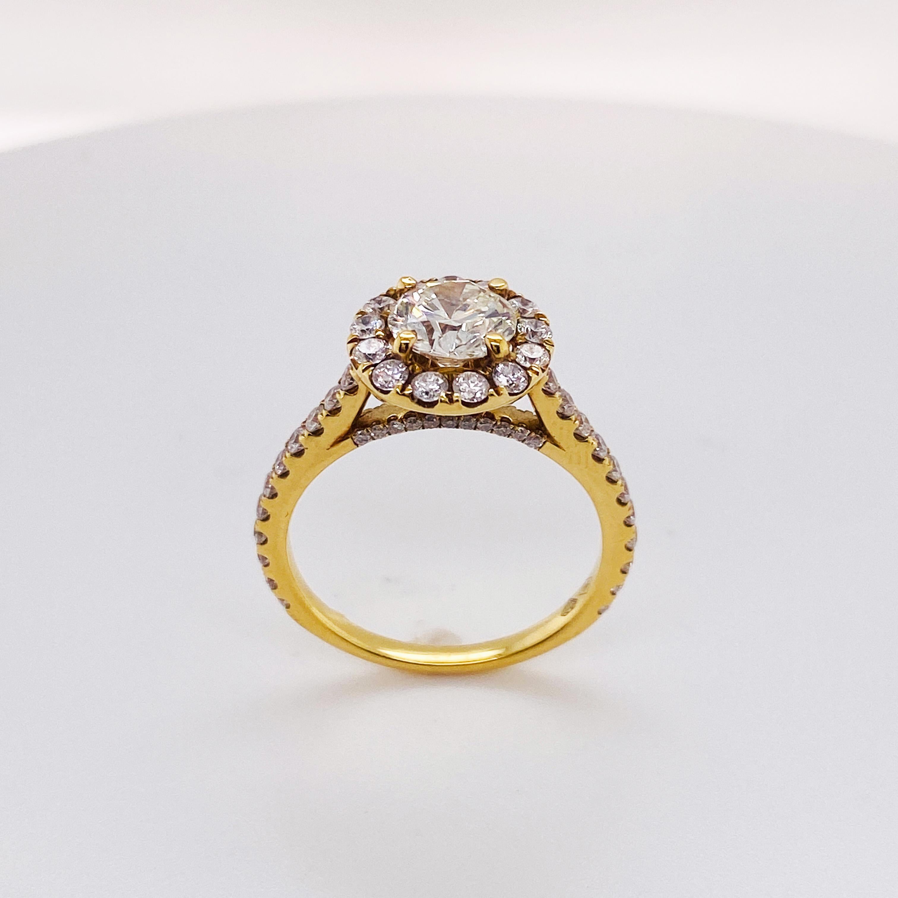 Contemporary 2 Carat Diamond Halo and Diamond Band Engagement Ring in 18 Karat Yellow Gold For Sale