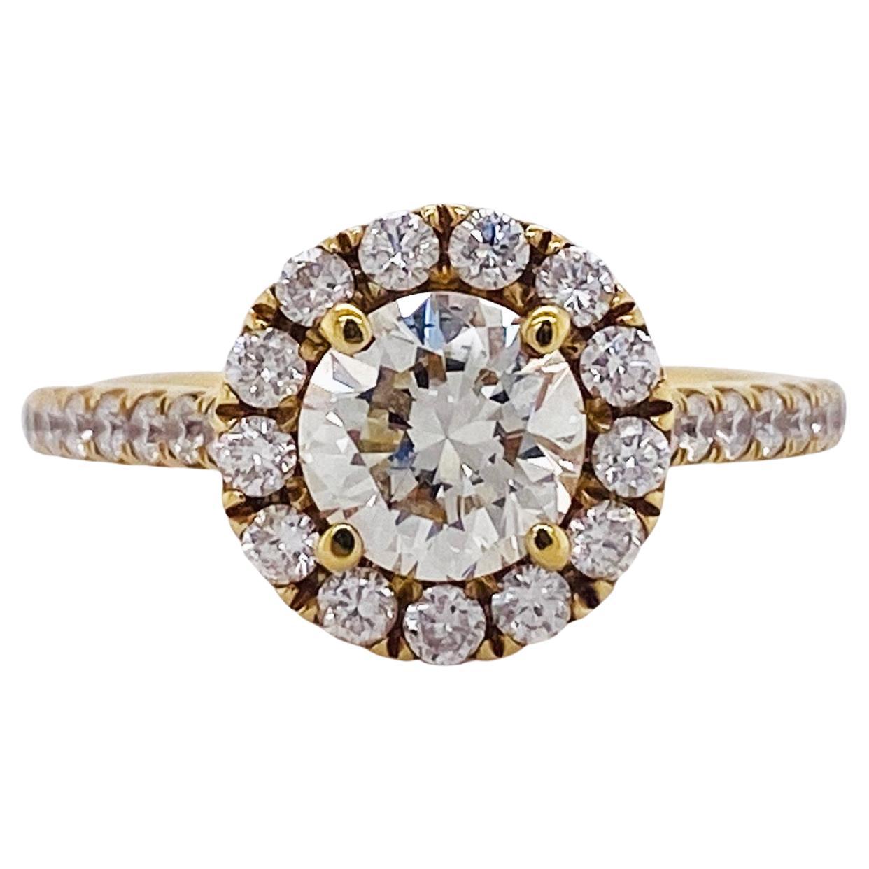 2 Carat Diamond Halo and Diamond Band Engagement Ring in 18 Karat Yellow Gold For Sale