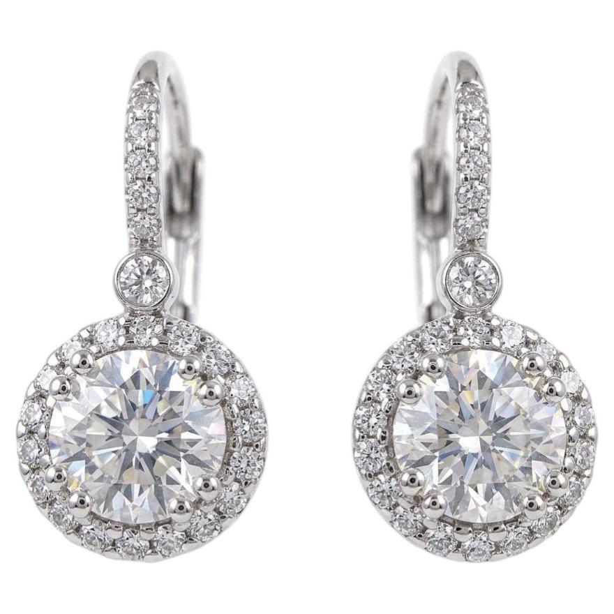 2 Carat Diamond Halo Drop Earrings in 18k White Gold