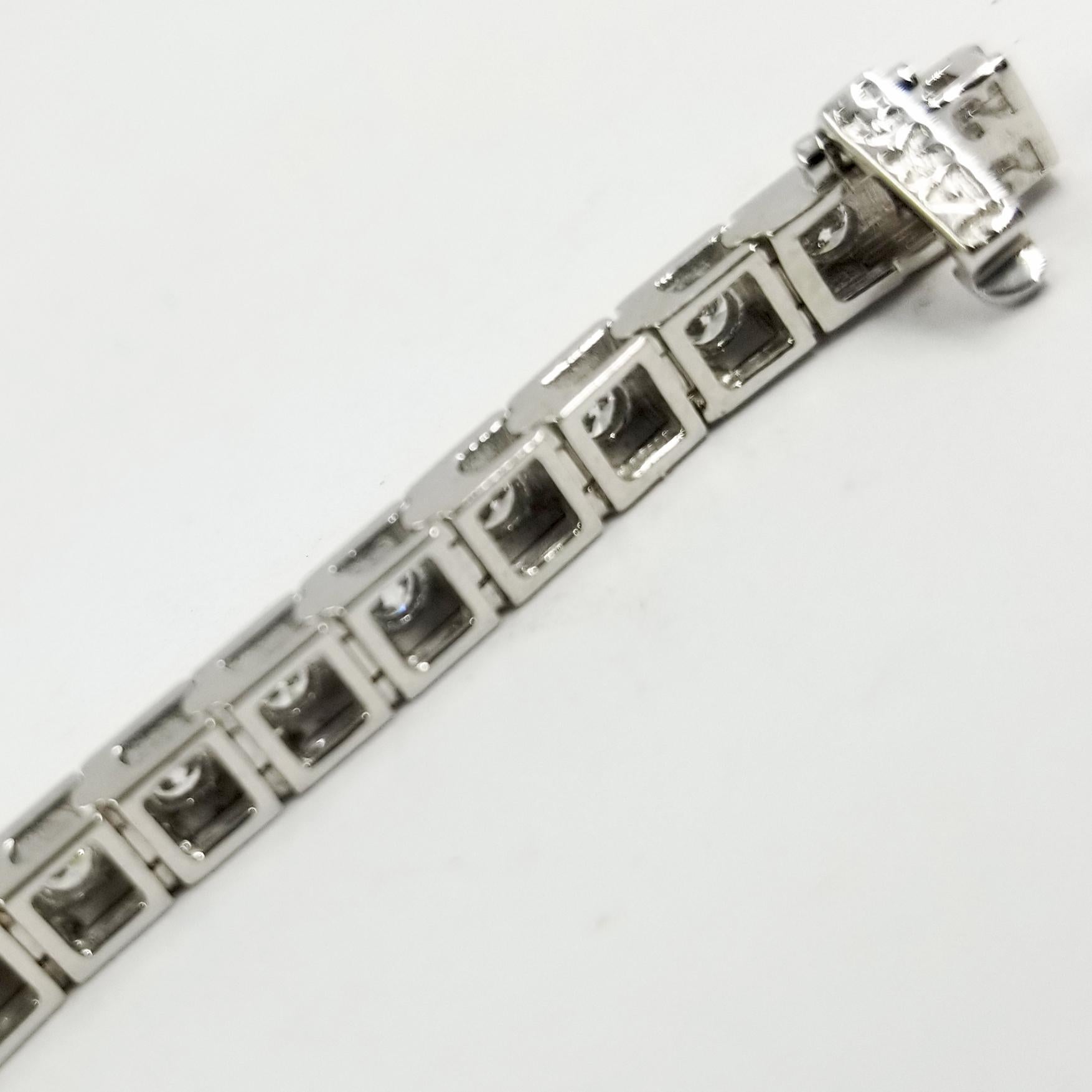 Round Cut White Gold Diamond Line Bracelet with Squared Milgrain Detail