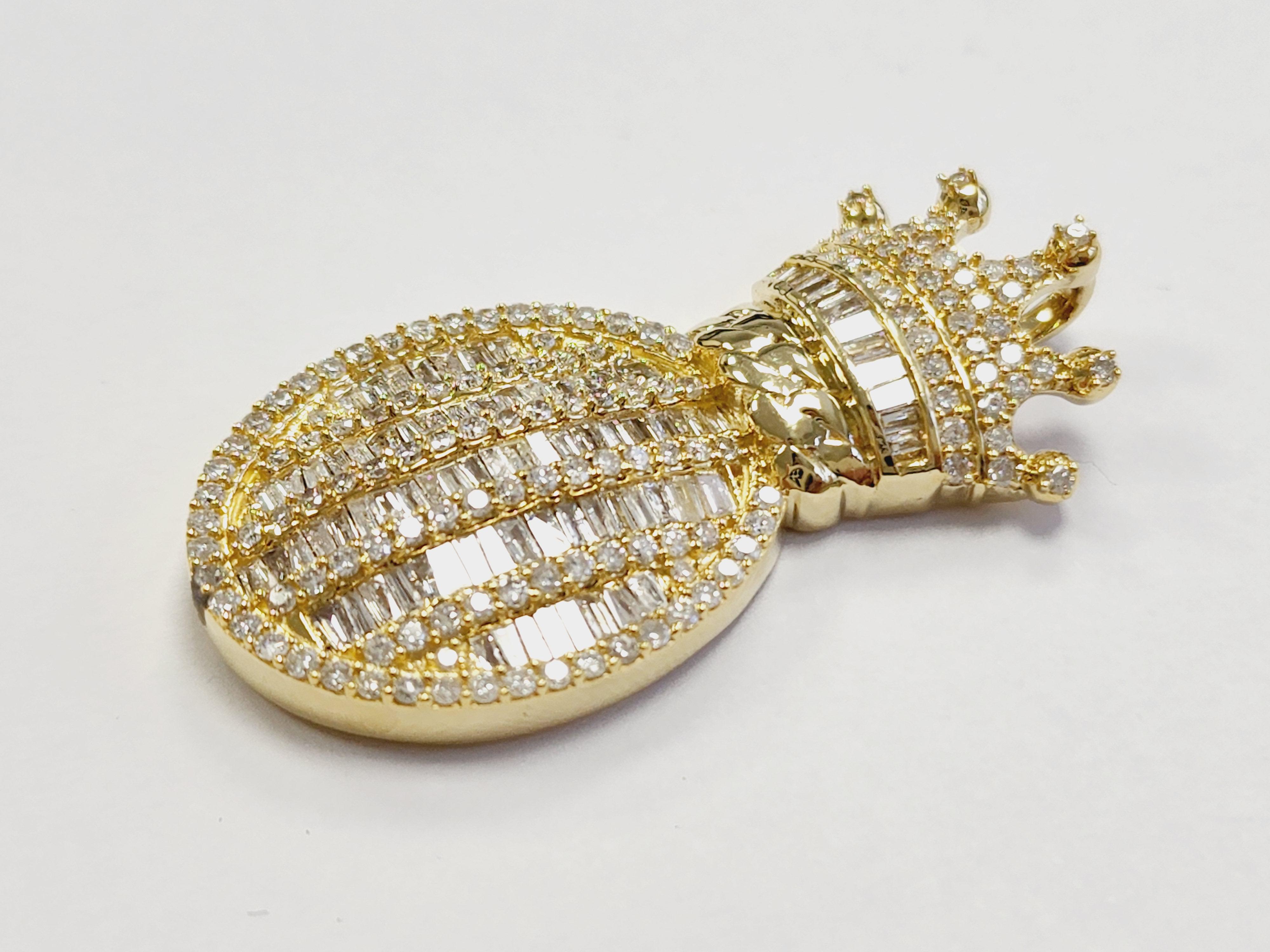 Beautiful shiny, 2 cttw Pineapple Shape Pendant 14 Karat Yellow Gold. average Color H-I, Clarity SI-I.
Channel Set of Baguettes and Round Natural Diamonds. (Pendant Only)
Measurement 1.50 inch long x 0.75 inch wide x 0.25 inch height