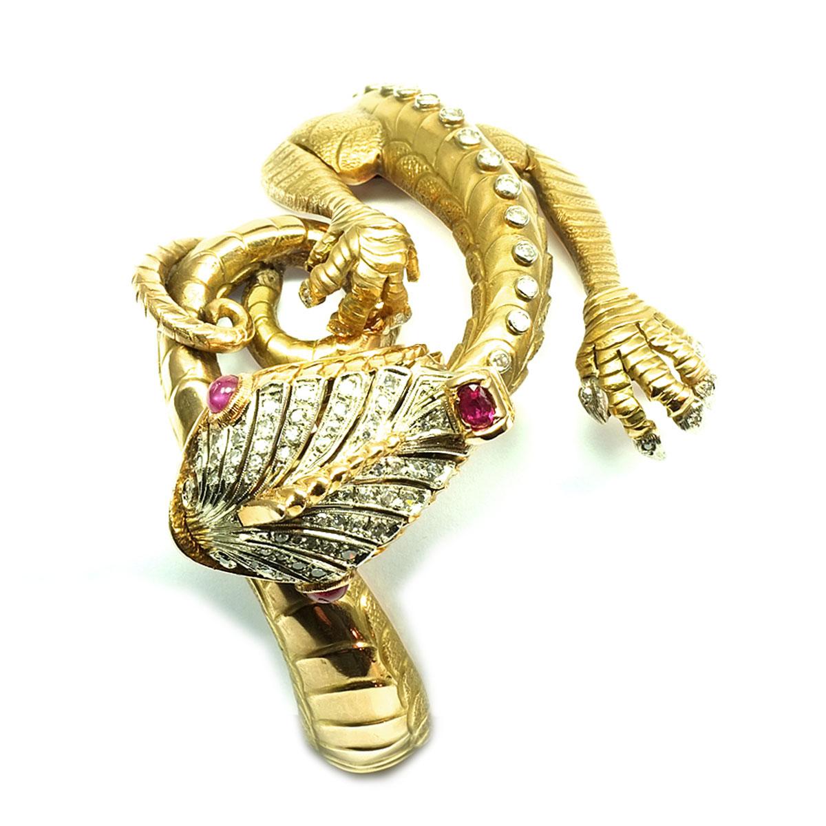 2 Carat Diamond Rubies and 18 K Gold Dragon Bangle Bracelet Italy circa 1960

