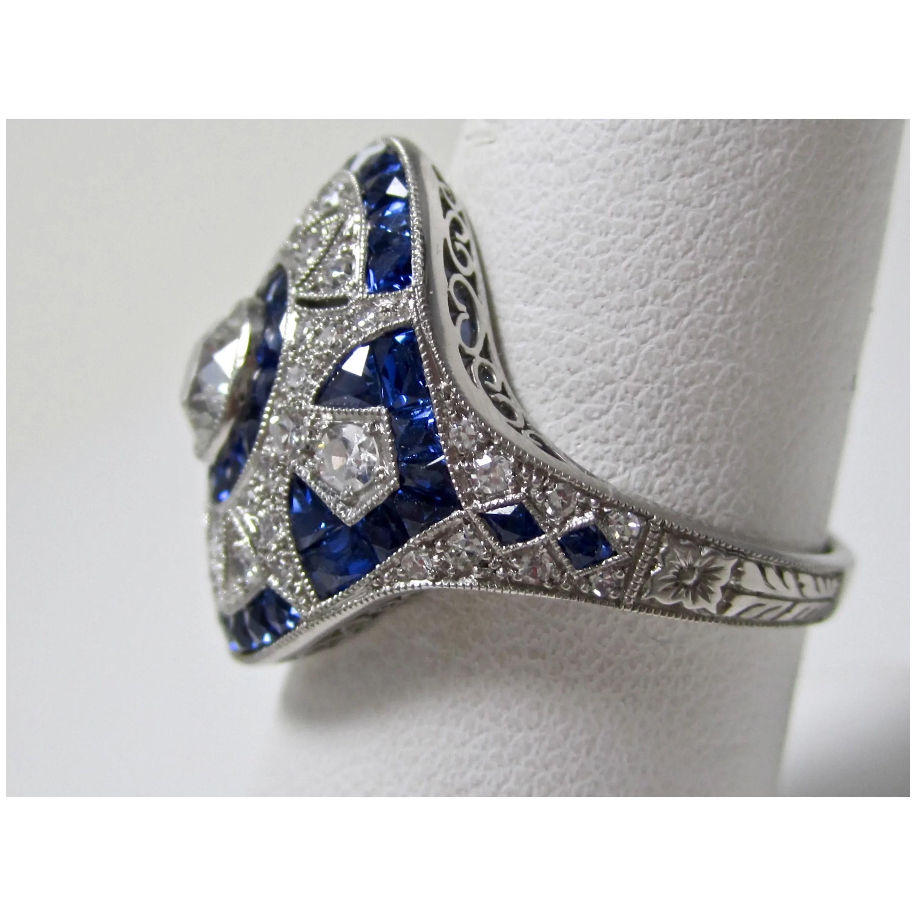 For Sale:  Art Deco 3.5 CT Certified Natural Diamond Sapphire Engagement Ring in 18K Gold 3