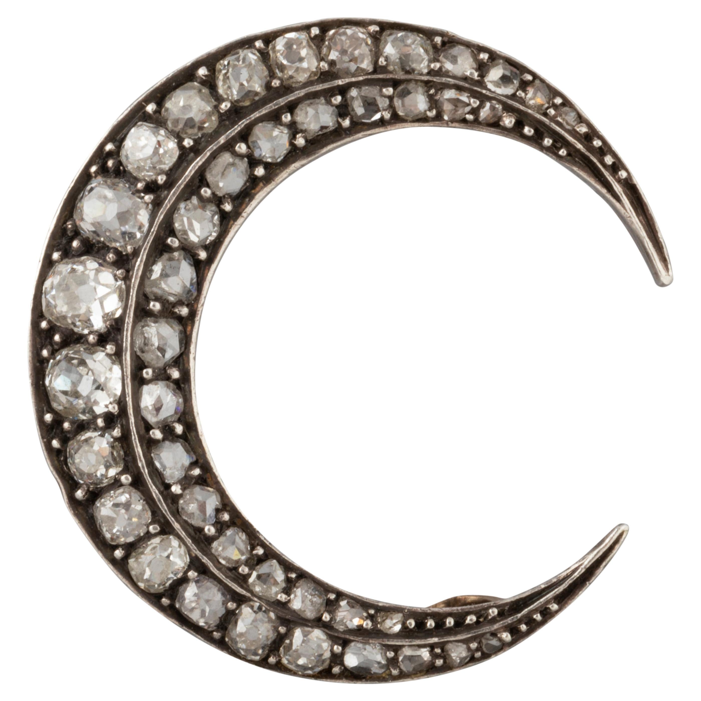2 Carat Diamonds Antique French Crescent Brooch