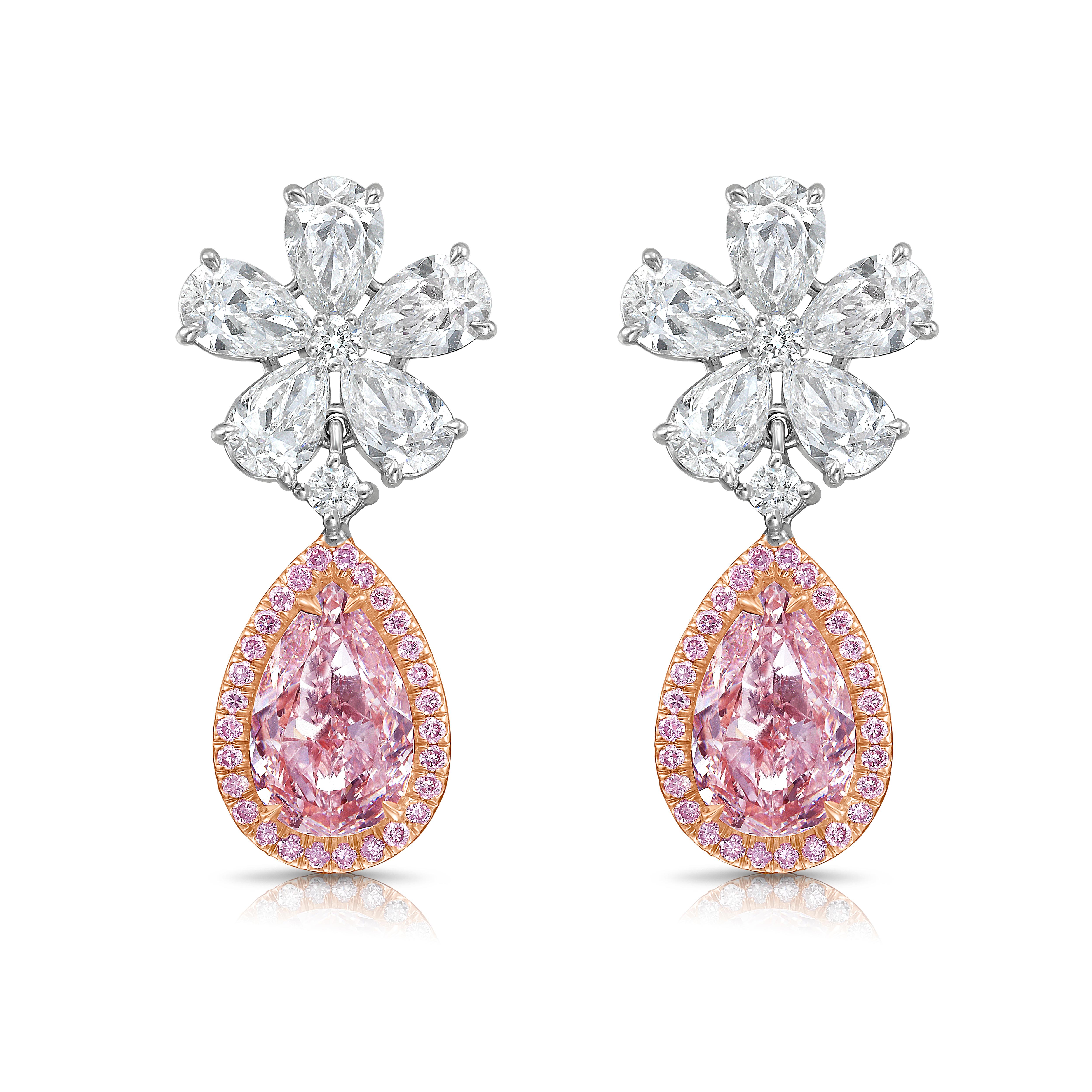 Pear Cut 2 Carat Each Pink Pear Diamond Flower Drop Earrings - Rare Colors For Sale