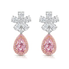 2 Carat Each Pink Pear Diamond Flower Drop Earrings - Rare Colors