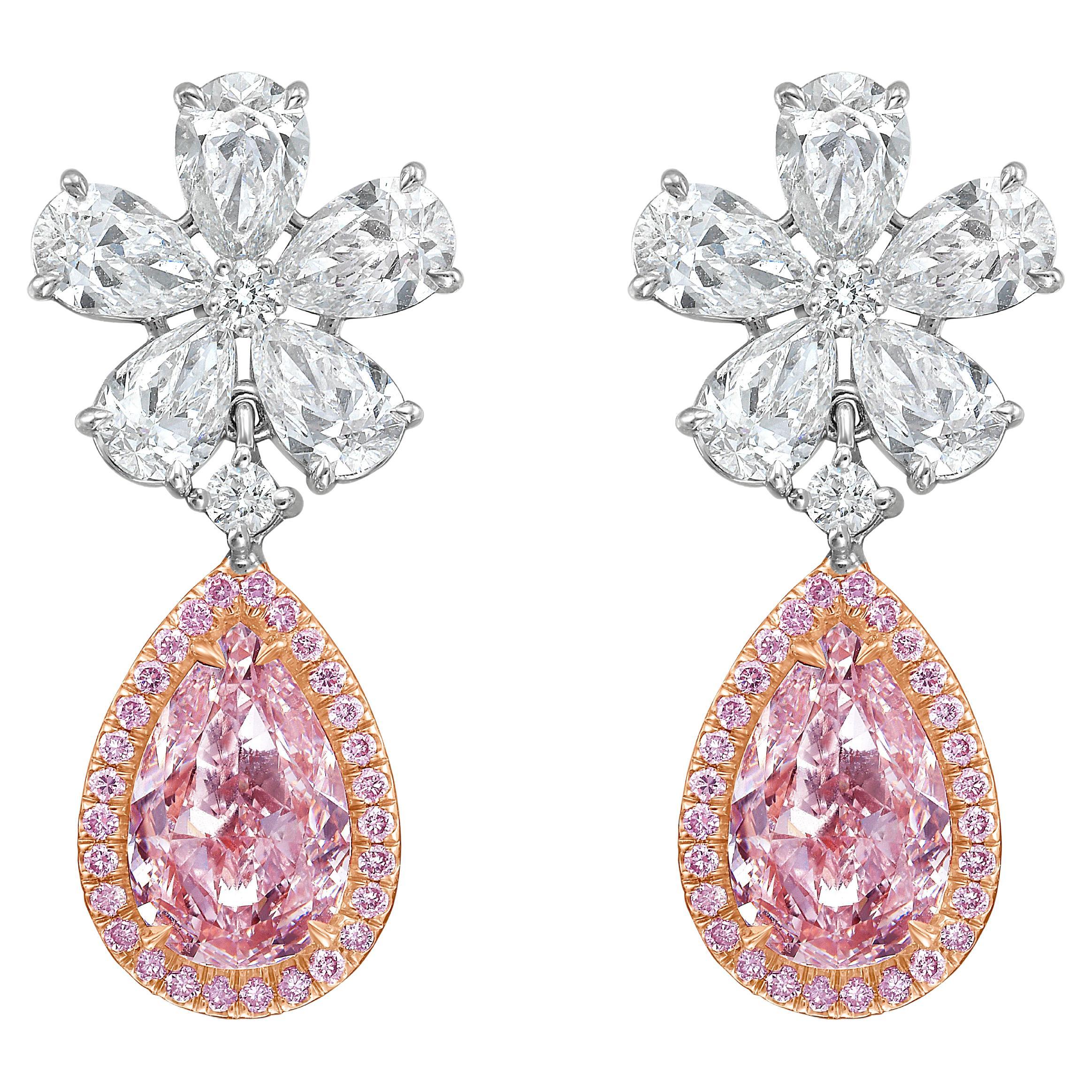 2 Carat Each Pink Pear Diamond Flower Drop Earrings - Rare Colors For Sale