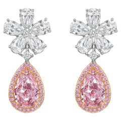 2 Carat Each Pink Pear Diamond Flower Drop Earrings - Rare Colors