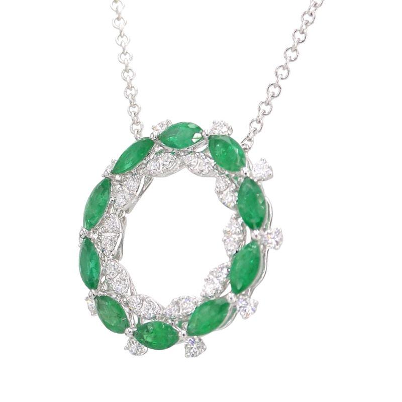 2 Karat Smaragd Kreis Anhänger mit 0,70ct Diamant in 18k Weißgold ref1046 (Marquiseschliff) im Angebot
