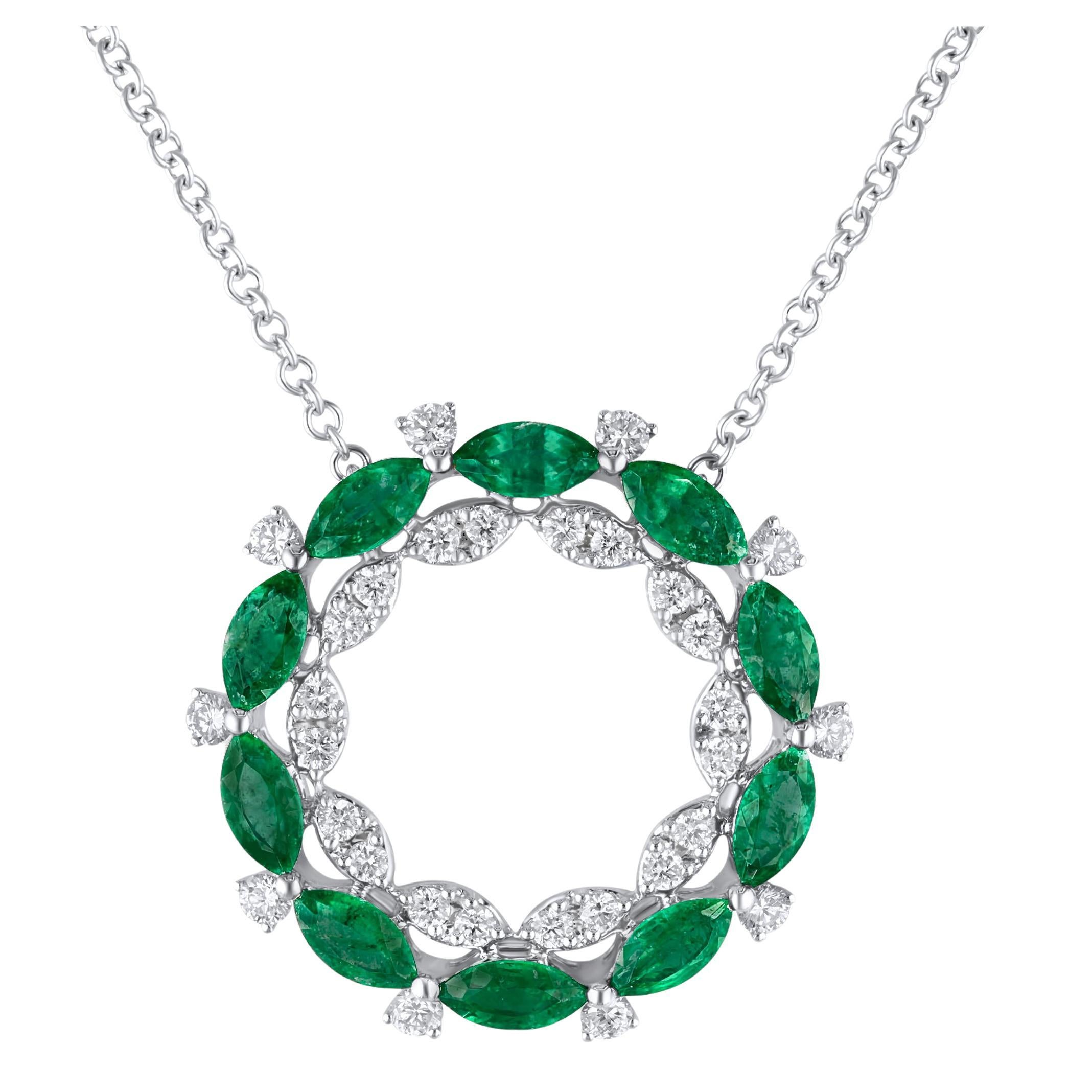 2 Karat Smaragd Kreis Anhänger mit 0,70ct Diamant in 18k Weißgold ref1046 im Angebot