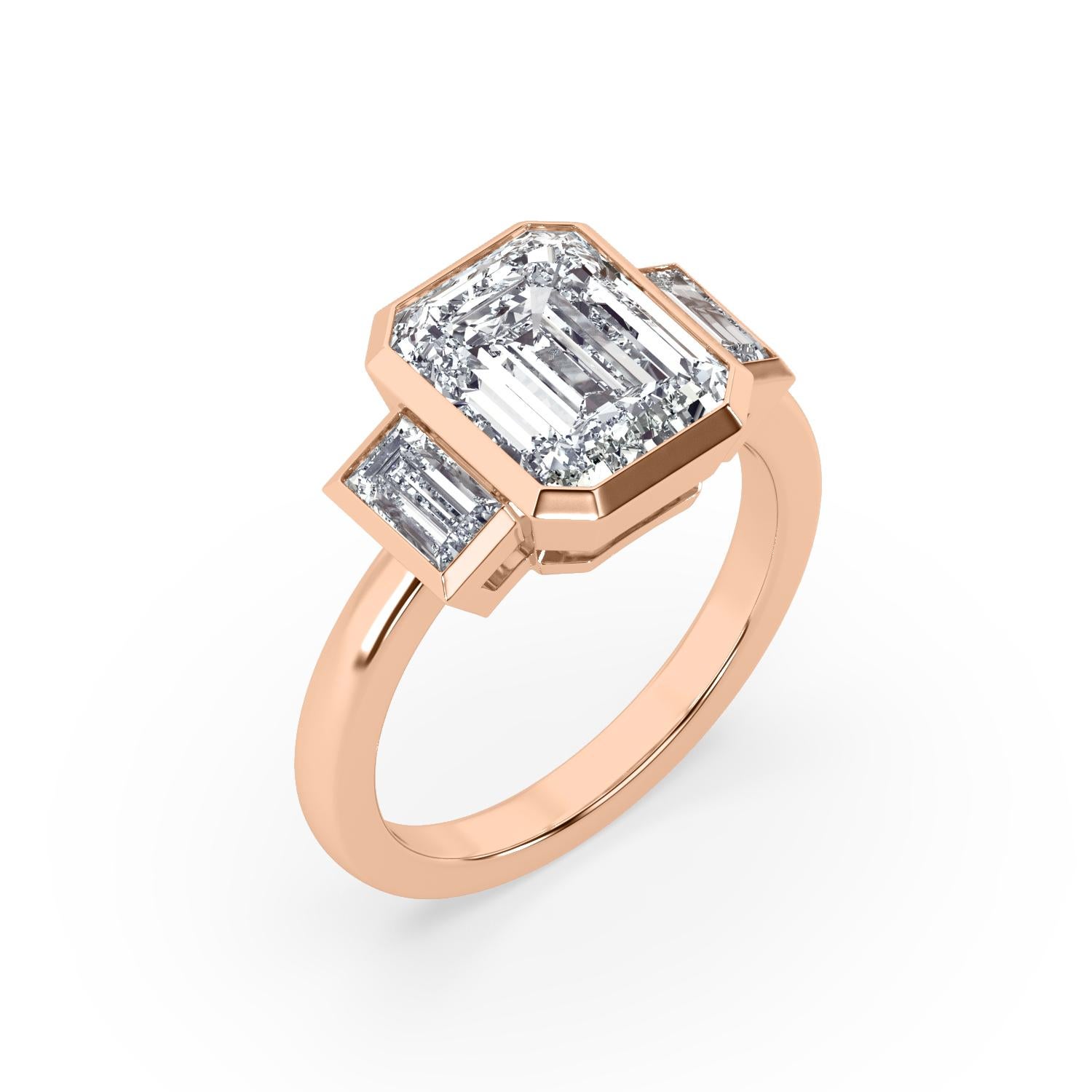 2 carat GIA certified emerald cut diamond engagement ring shown with G color and VS2 clarity (**this ring can be made with a different diamond to accommodate your budget and taste, please contact for more details). 2 side stones of matching quality