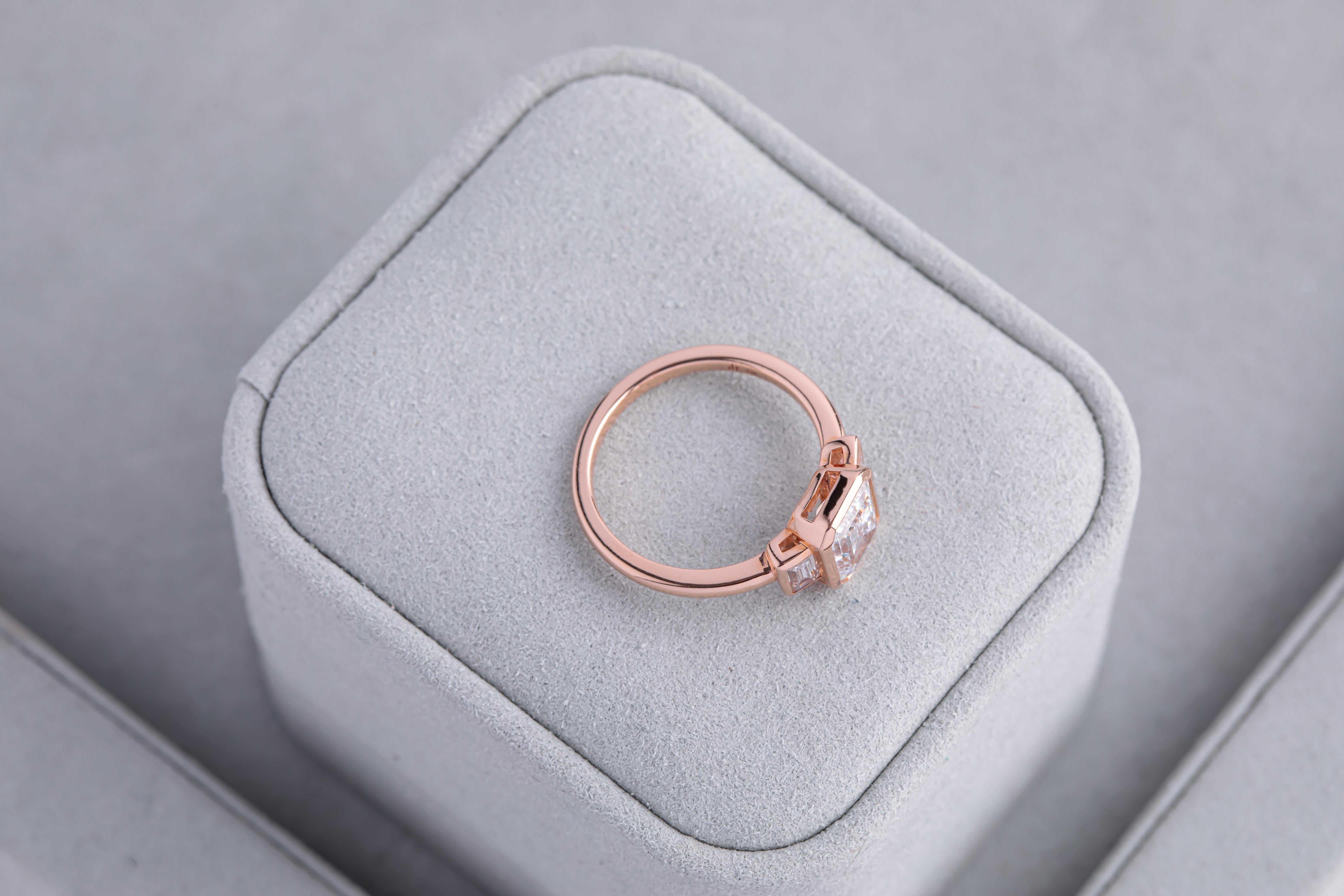Contemporary 2 Carat Emerald Cut Diamond Bezel Set Engagement Ring 14k Rose Gold For Sale