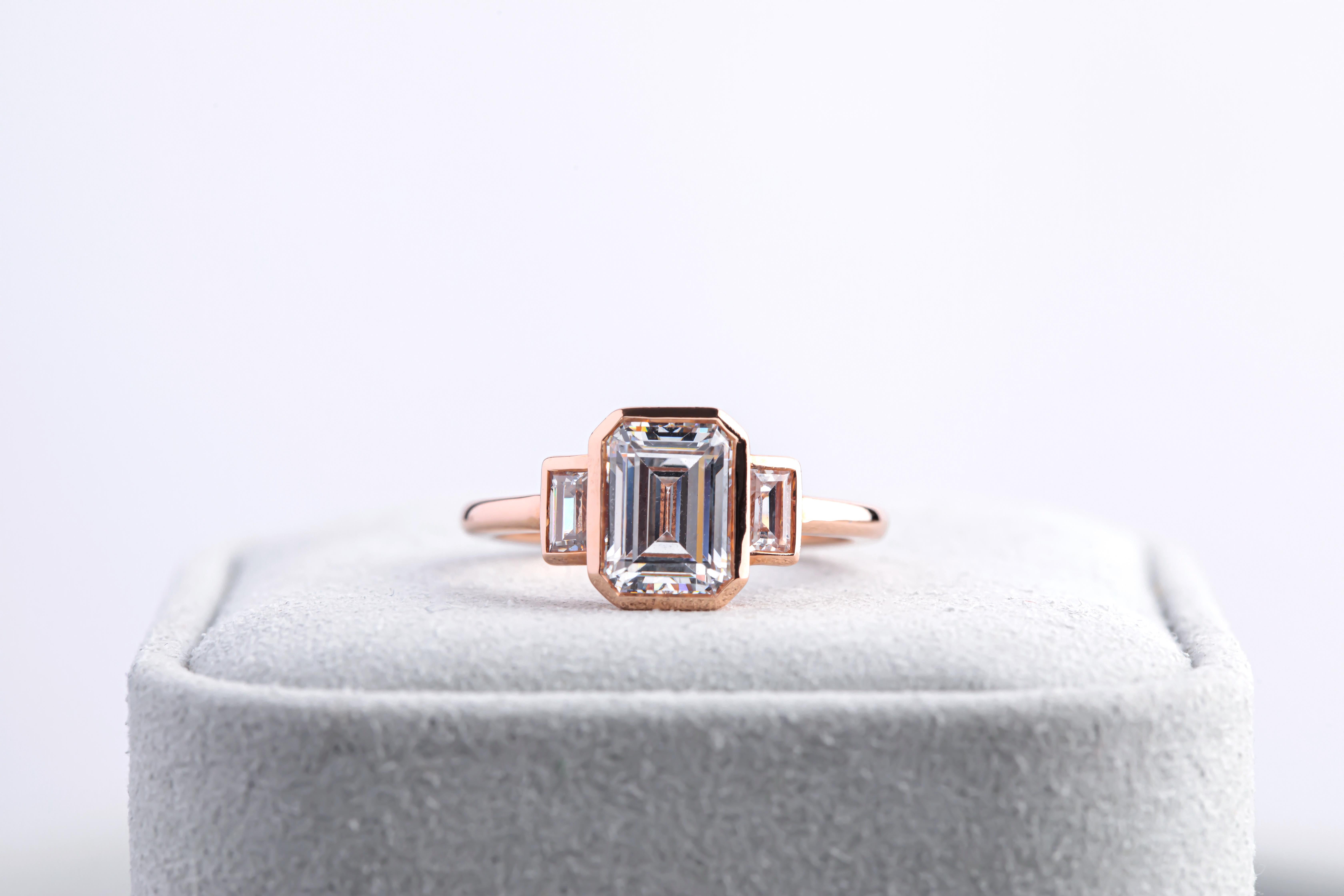 Women's or Men's 2 Carat Emerald Cut Diamond Bezel Set Engagement Ring 14k Rose Gold For Sale