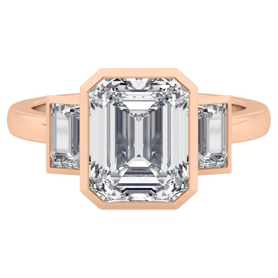 2 Carat Emerald Cut Diamond Bezel Set Engagement Ring 14k Rose Gold For Sale