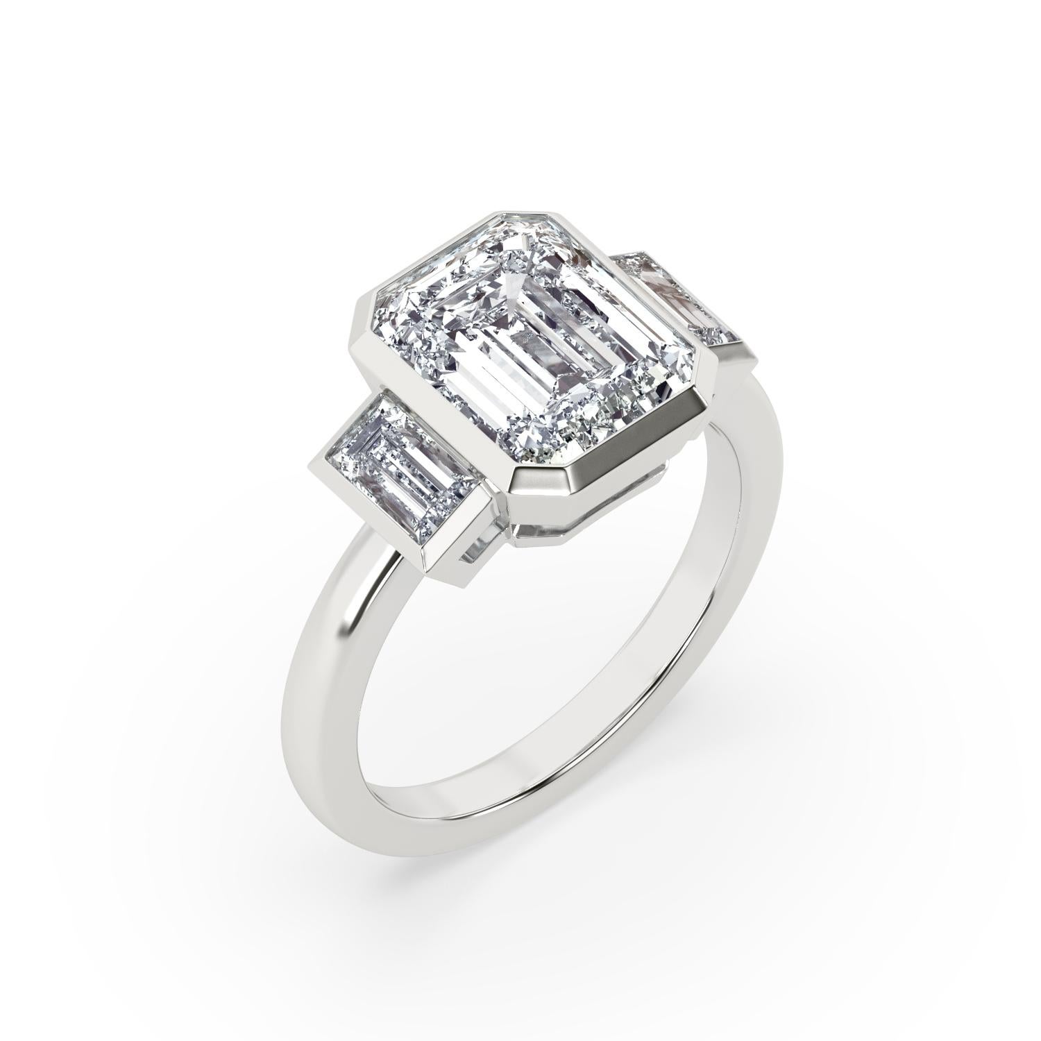 2 carat GIA certified emerald cut diamond engagement ring with G color and VS2 clarity (**this ring can be made with a different diamond to accommodate your budget and taste, please contact for more details). 2 side stones of matching quality sit on