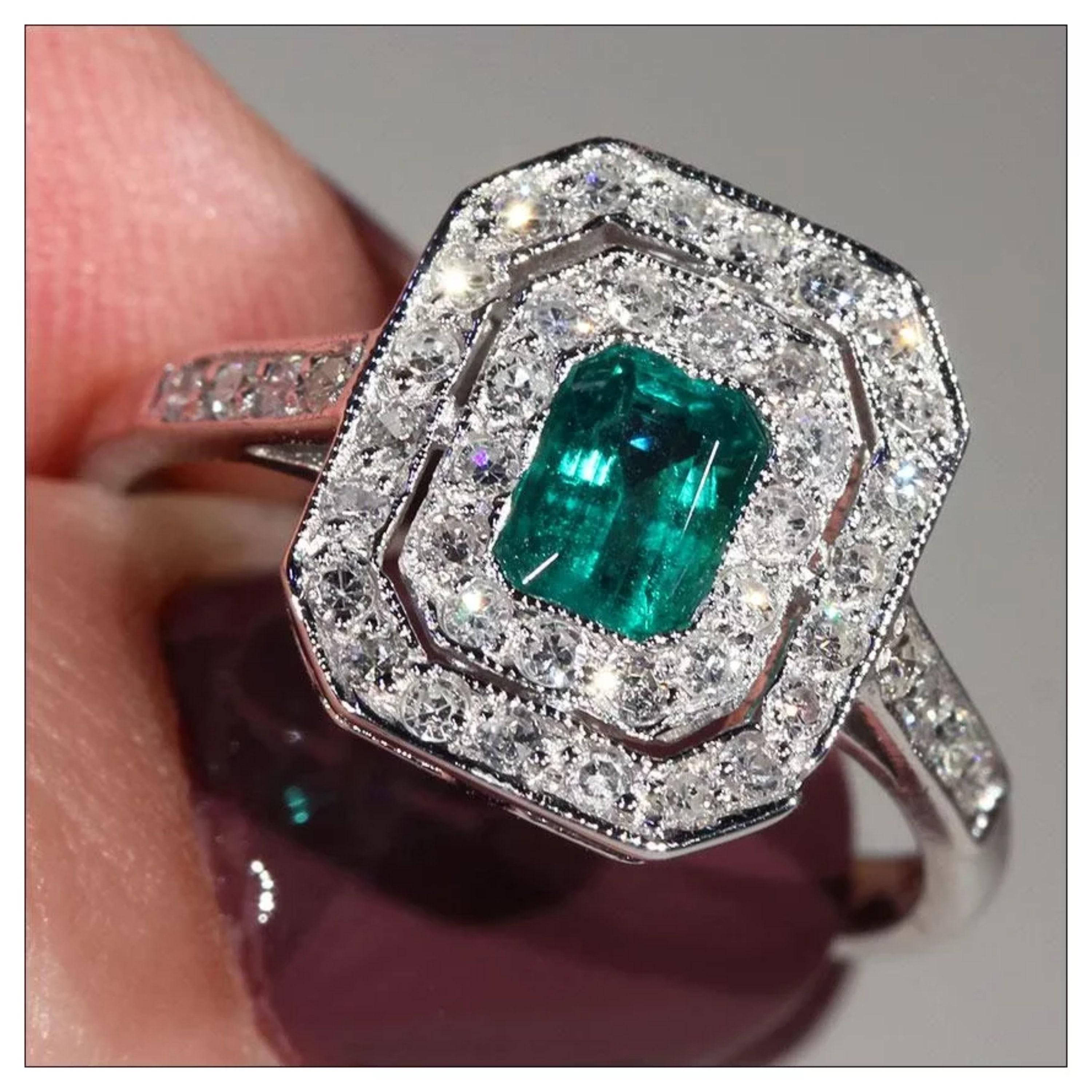 For Sale:  2 Carat Emerald Cut Emerald Diamond Engagement Ring, Halo Emerald Diamond Ring 4
