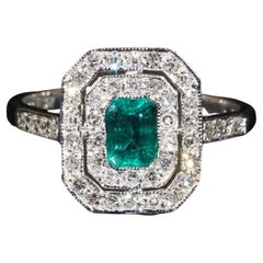 2 Carat Emerald Cut Emerald Diamond Engagement Ring, Halo Emerald Diamond Ring