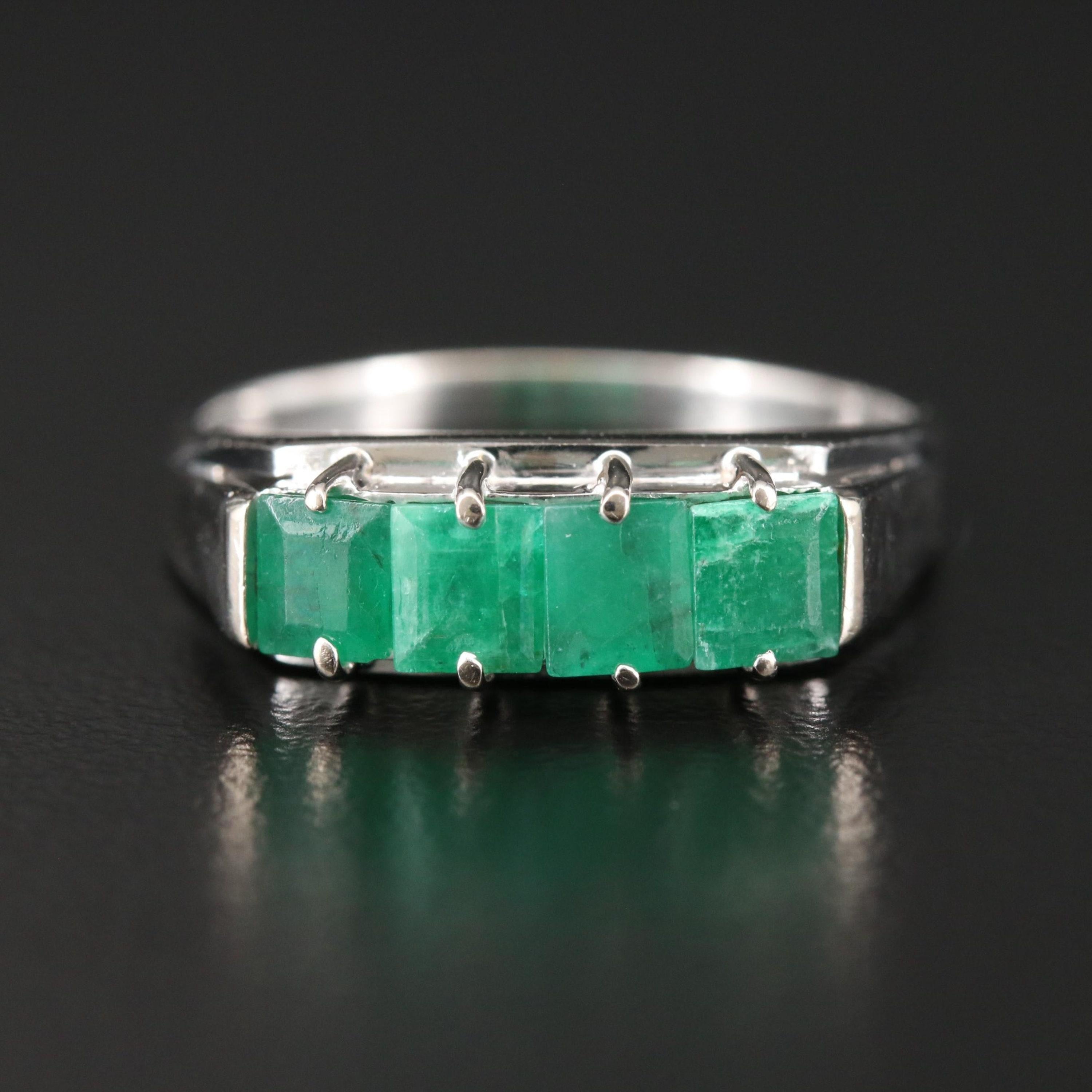 For Sale:  Art Deco Emerald Cut Emerald Men's Wedding Band, Minimalist Emerald Band Rings 6