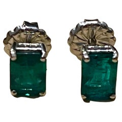2 Carat Emerald Cut Natural Emerald  Stud Post Earrings 14 Karat White Gold