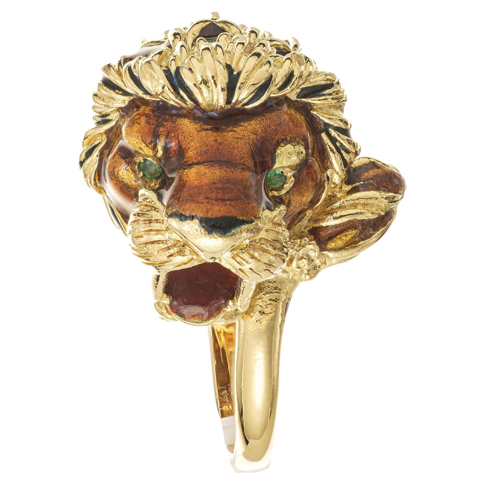 .2 Carat Emerald Yellow Gold Enamel Lions Head Cocktail Ring
