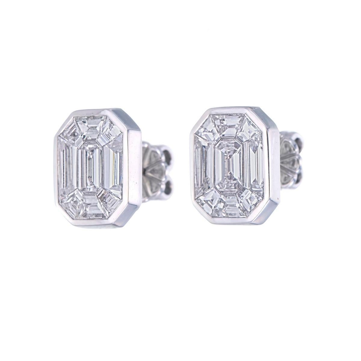 Artisan 2 carat face up (each) Pie-Cut Emerald shape  Bezel set diamond stud Earrings For Sale