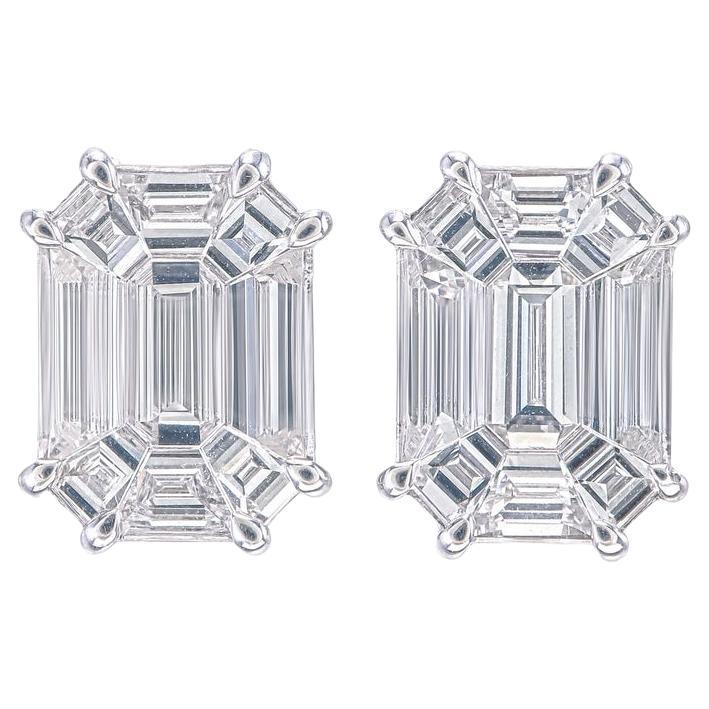 10 carat face up emerald cut piecut diamond ear studs For Sale