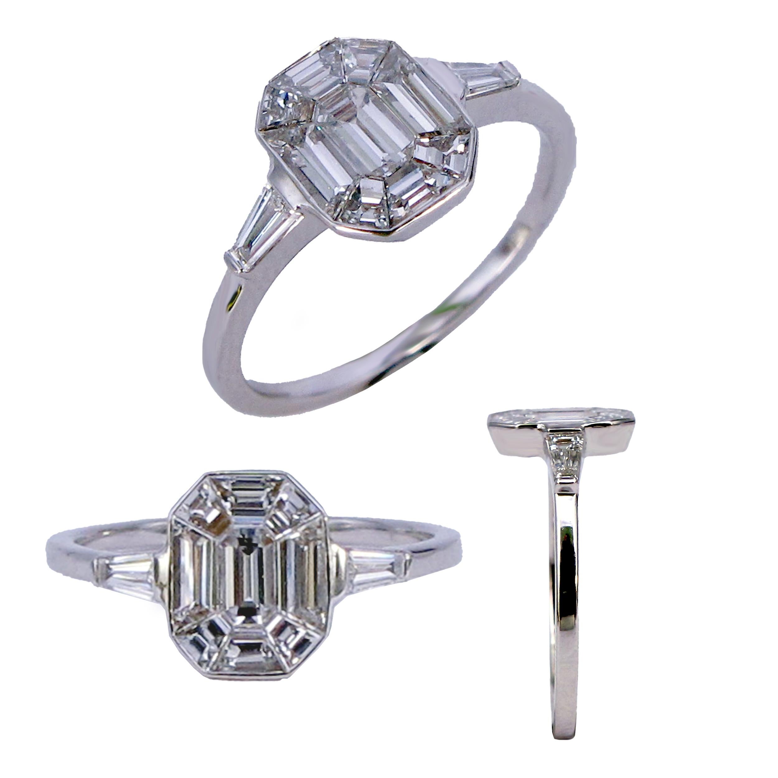 Un total de 0,70 carat de diamants est utilisé dans cette bague d'apparence de 2 carats, ce qui signifie une apparence plus grande à un prix plus petit.
Les diamants de couleur F et de pureté VVS sont triés sur le volet pour fabriquer cette bague en
