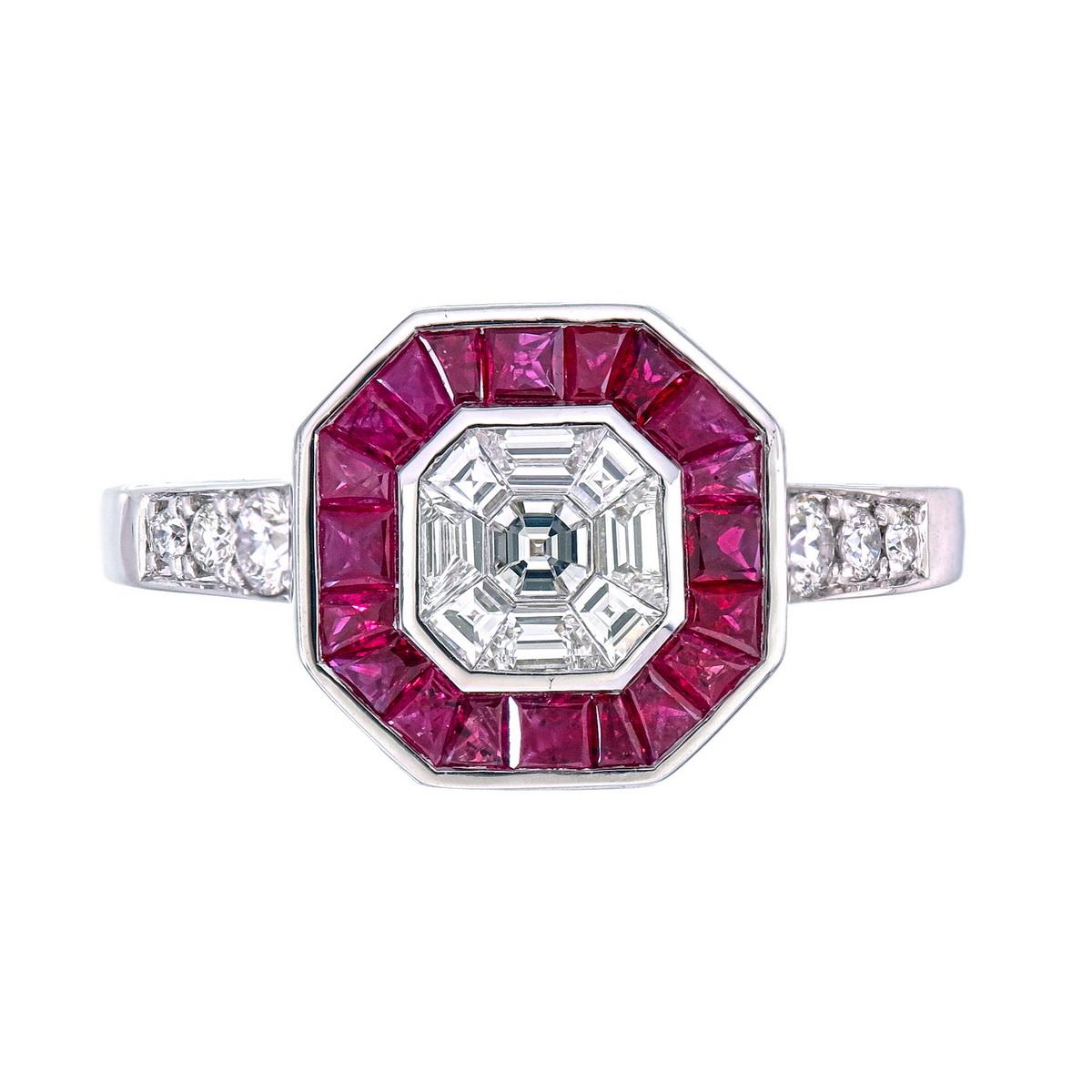 A classic yet extraordinary ring made in 18kt Gold with Asscher illusion diamond surrounded by Ruby.

Each ruby is cut, polished & invisible set  to match one color without any visible gaps in between them

VVS clarity EF color diamonds are used in