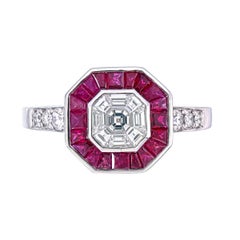 2 carat face up mix diamond Asscher cut Illusion with ruby Ring