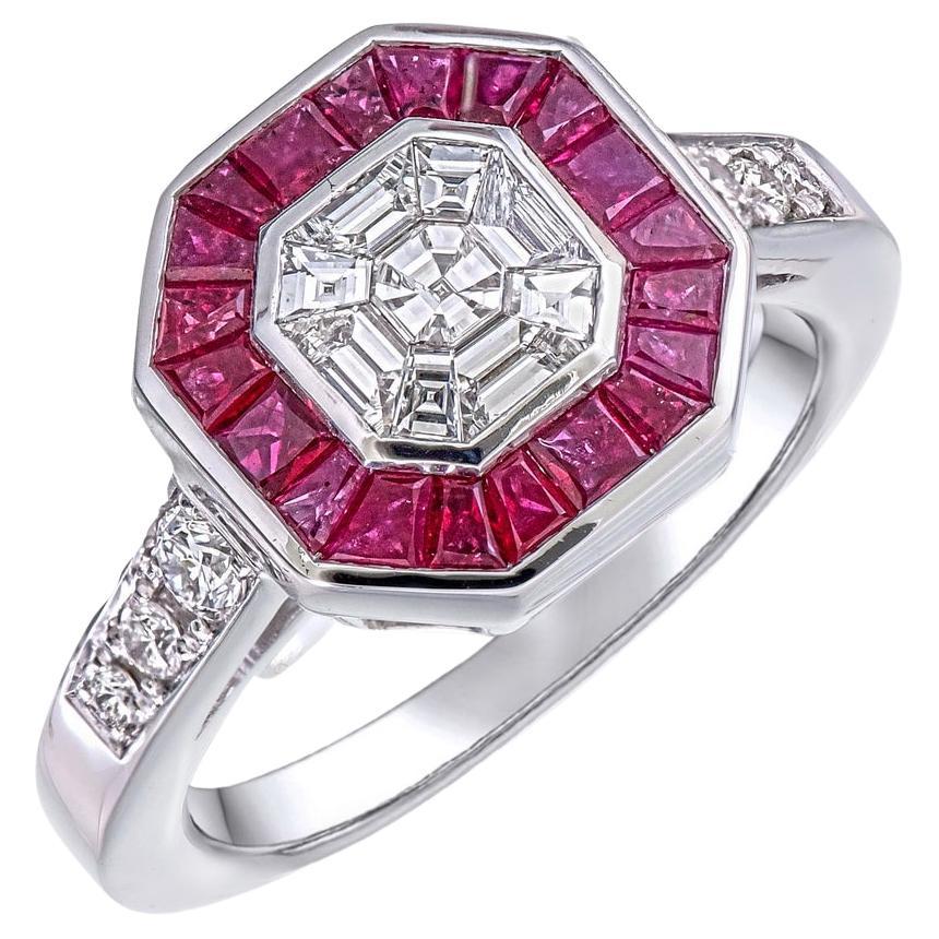 2 carat face up mix diamond Asscher cut Illusion with ruby Ring For Sale