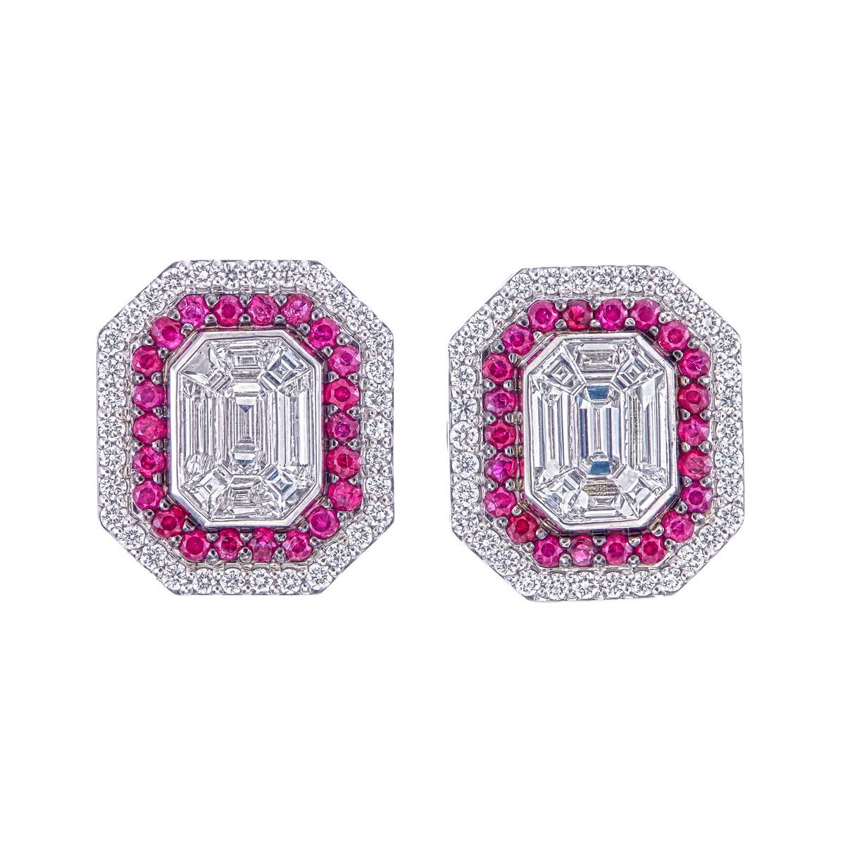 This pair of earrings is made with 1.10 carat diamonds in composite setting giving a look of 4 carat pair. 
Extremely light on ears 
Natural Ruby & VVS clarity ,EF color diamonds are used
Push back mechanism
4 carat pair of emerald cut diamonds are