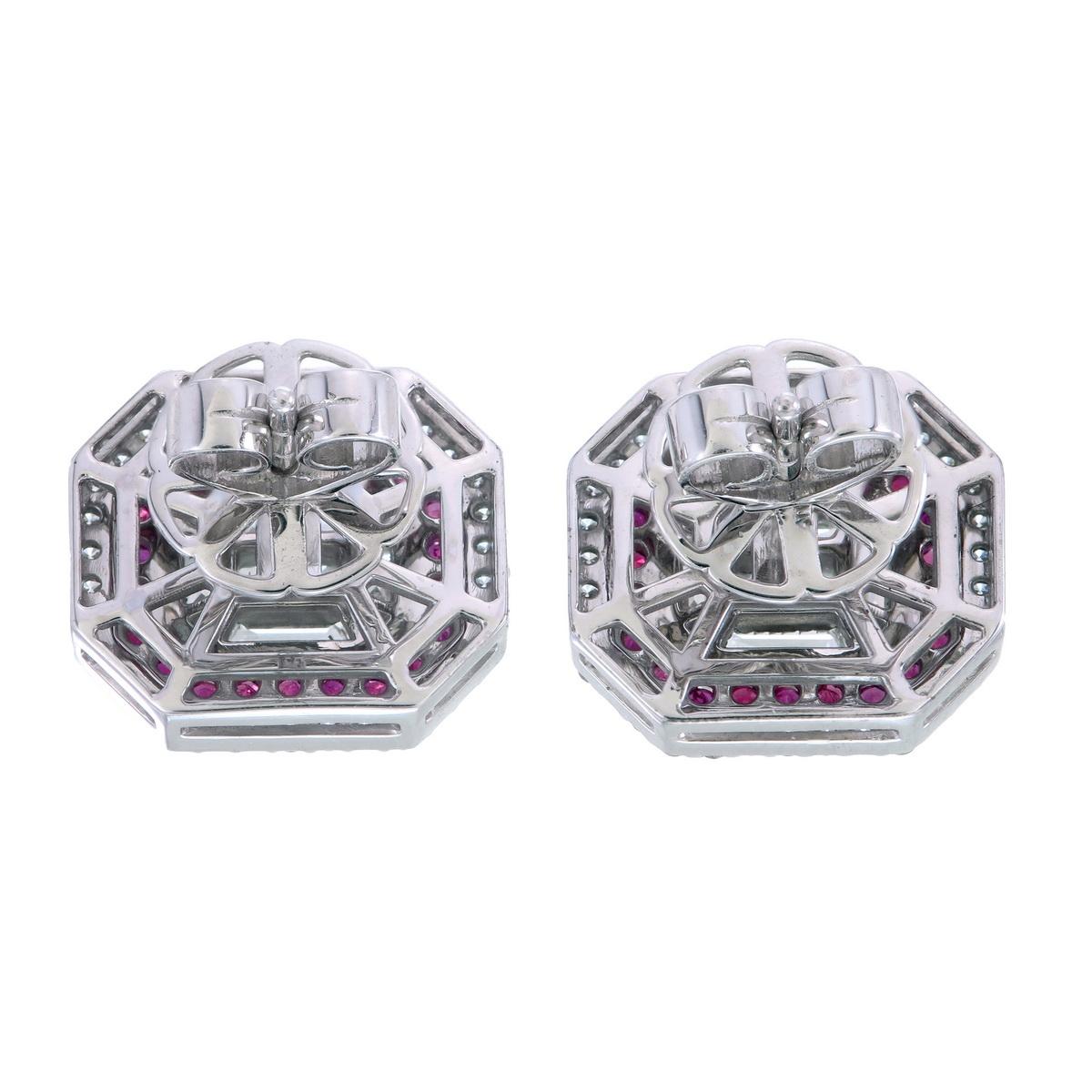 Art Deco 4 carat face up Piecut diamond pair with a double halo of ruby & diamonds For Sale