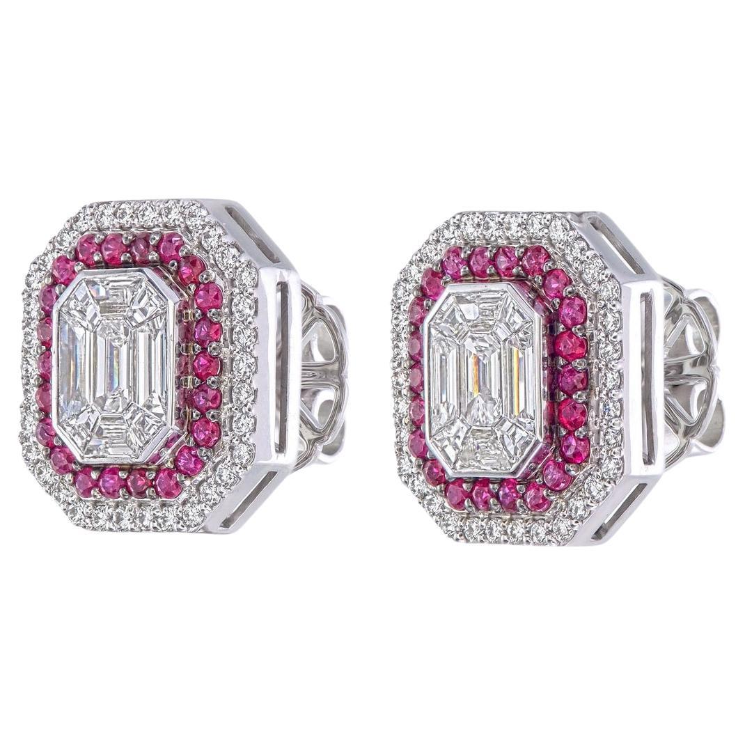 4 Karat facettierter Piecut-Diamantpaar mit einem doppelten Halo aus Rubin und Diamanten im Piecut-Schliff im Angebot