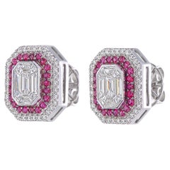 Paire de diamants facettés de 4 carats avec double halo de rubis et de diamants