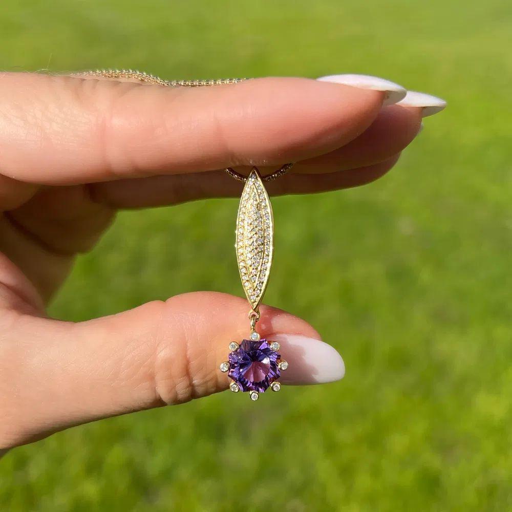 Modernist 2 Carat Fancy Cut Amethyst and Diamond Gold Drop Vintage Pendant Necklace For Sale