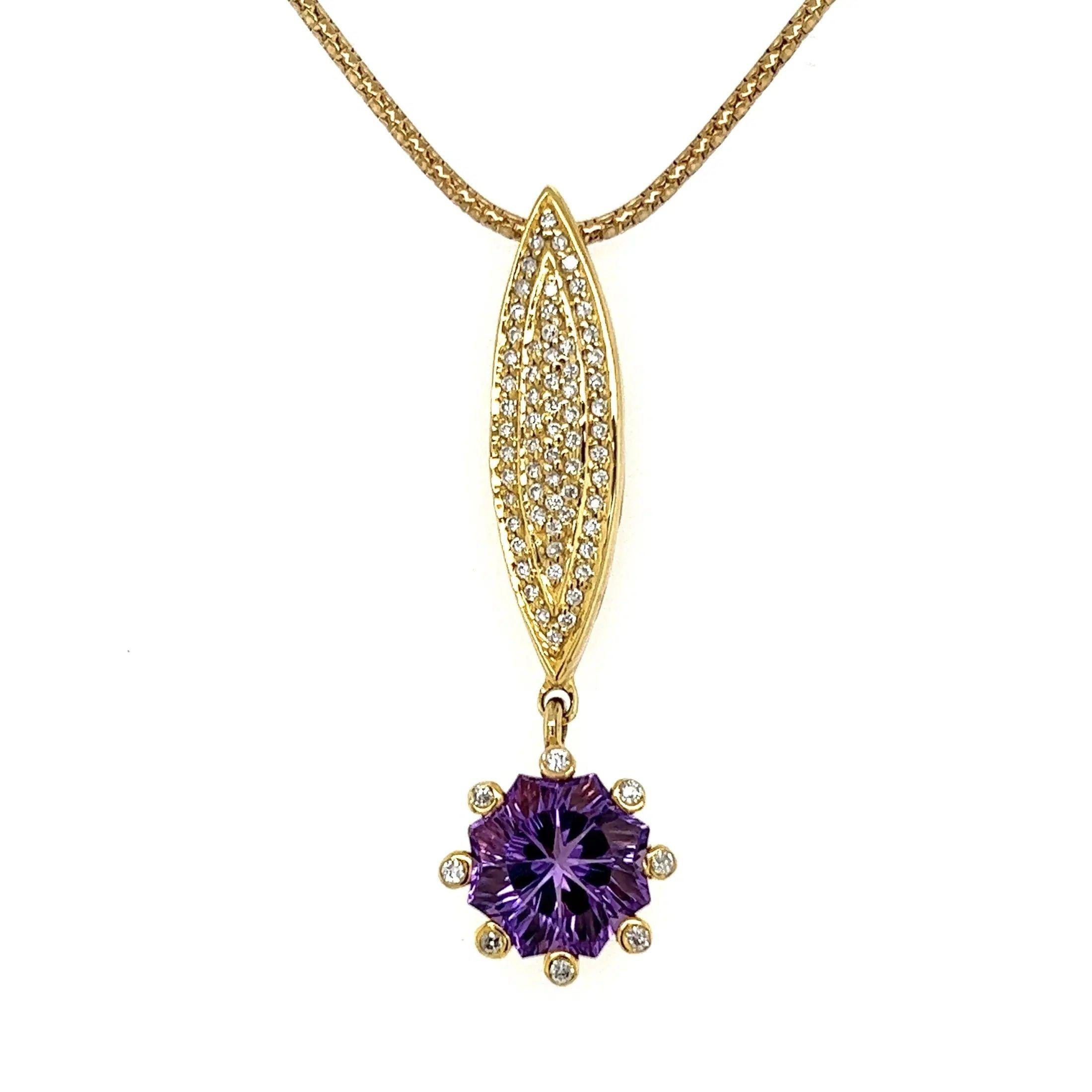 Mixed Cut 2 Carat Fancy Cut Amethyst and Diamond Gold Drop Vintage Pendant Necklace For Sale