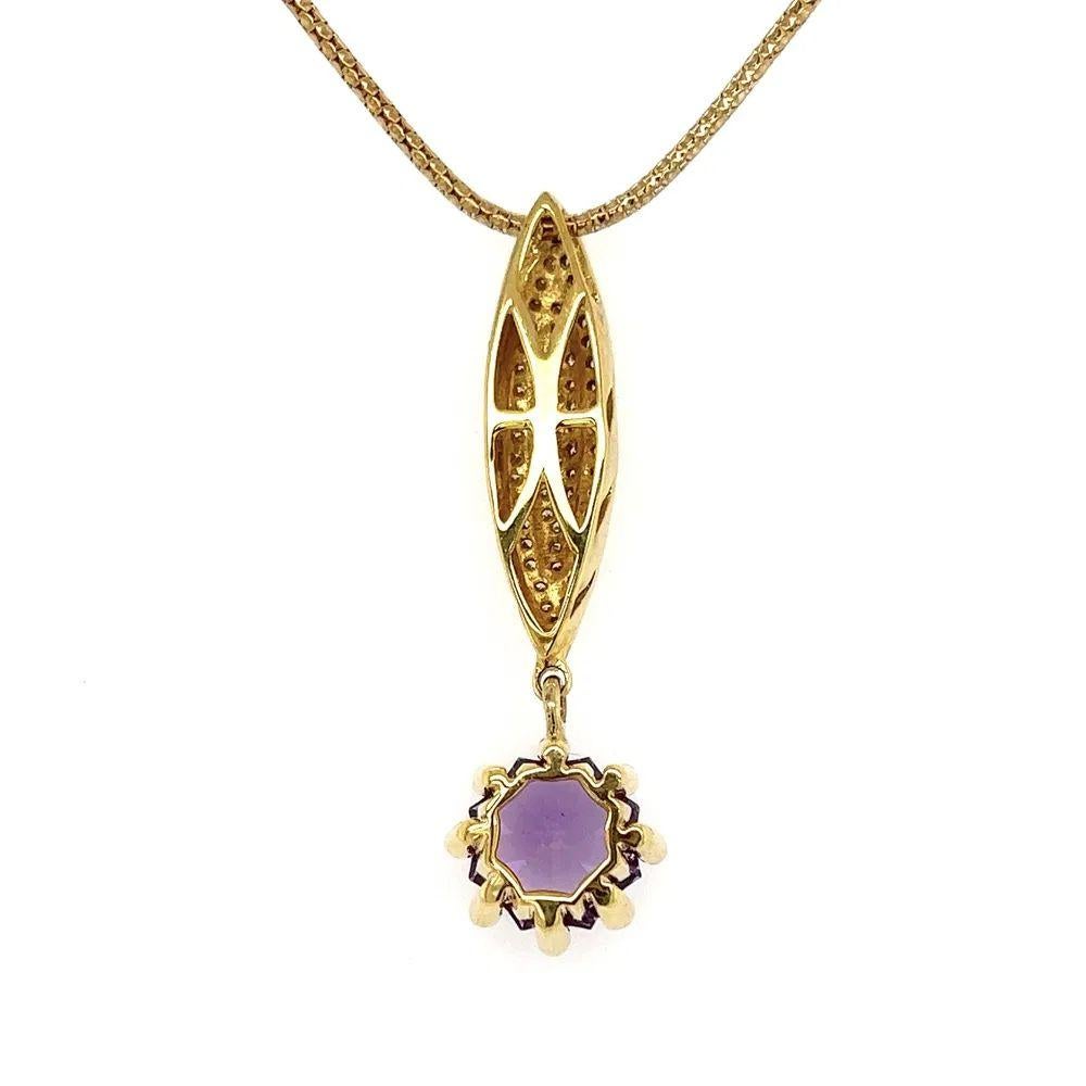 2 Carat Fancy Cut Amethyst and Diamond Gold Drop Vintage Pendant Necklace In Excellent Condition For Sale In Montreal, QC