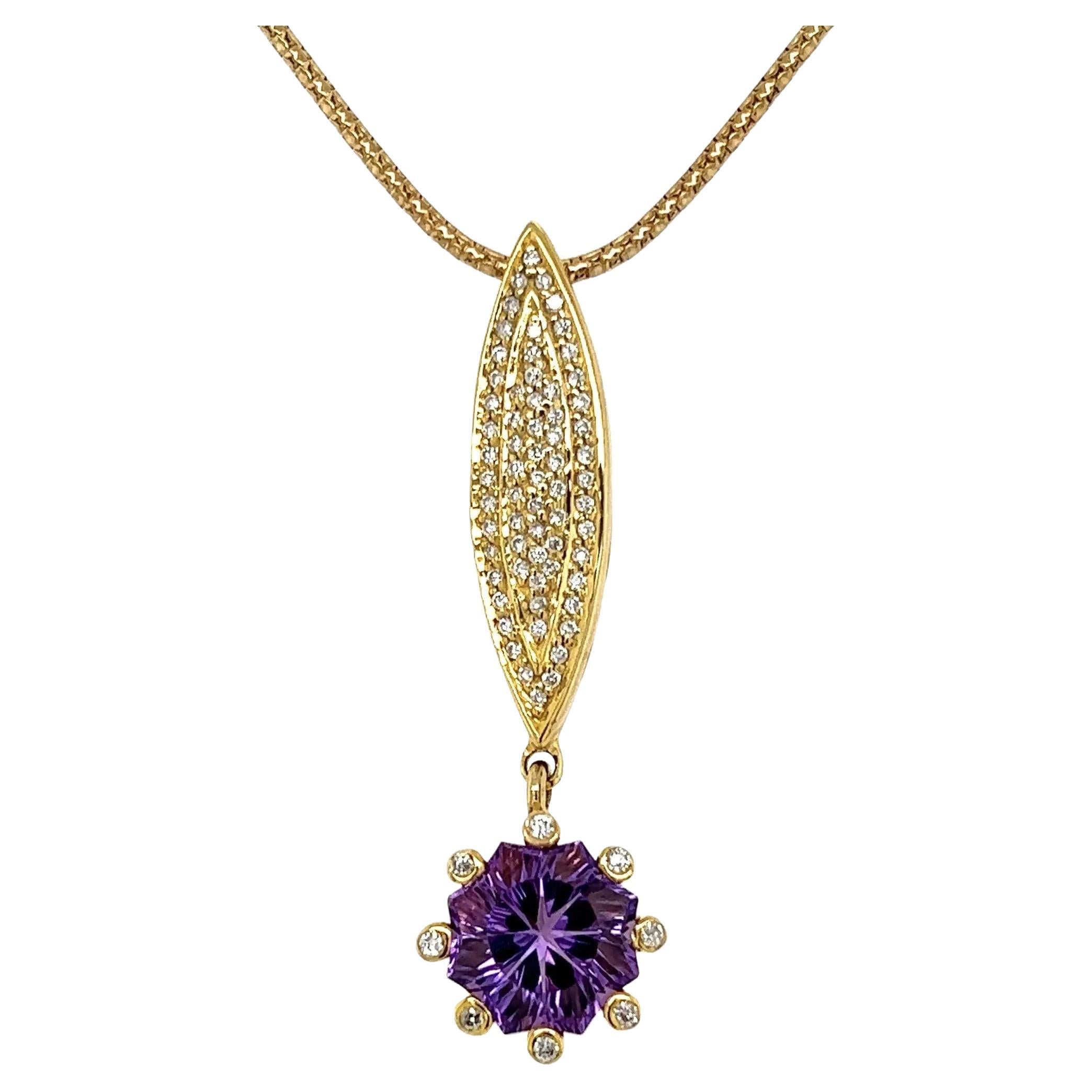 2 Carat Fancy Cut Amethyst and Diamond Gold Drop Vintage Pendant Necklace For Sale