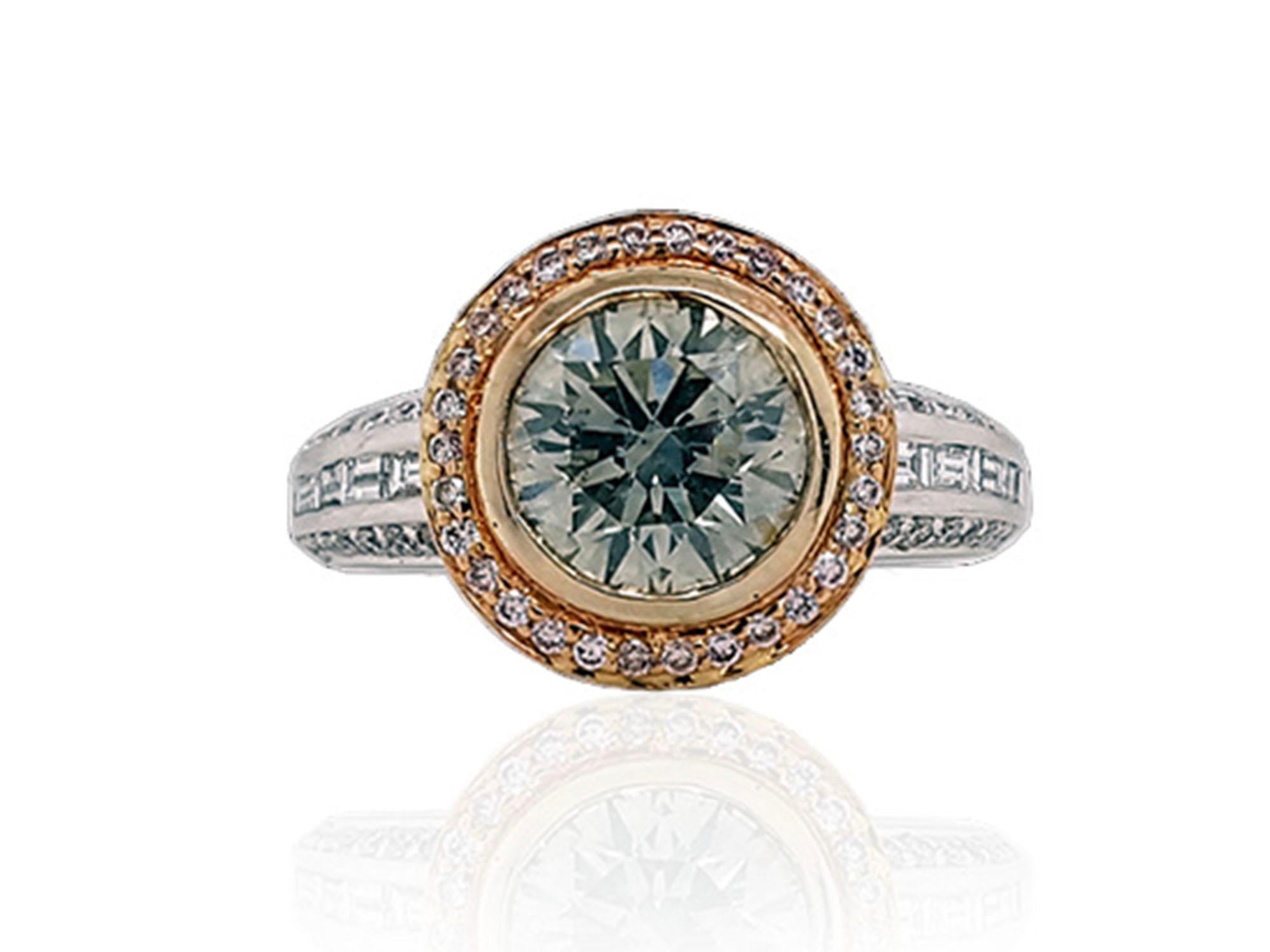 Round Cut 2 Carat Fancy Gray-Yellowish Green Diamond, Engagement Ring, 18K Gold GIA Cert.