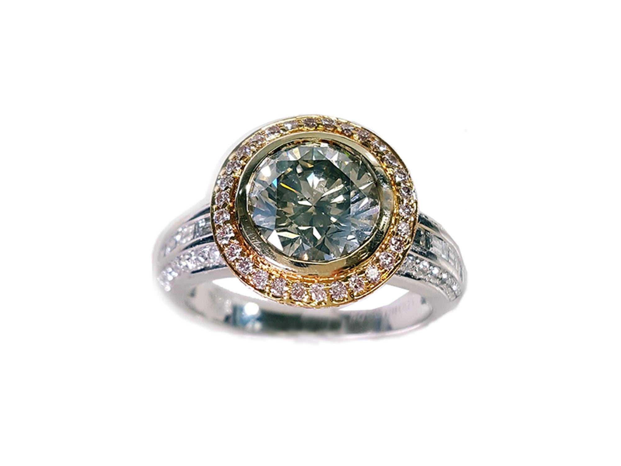 Women's 2 Carat Fancy Gray-Yellowish Green Diamond, Engagement Ring, 18K Gold GIA Cert.
