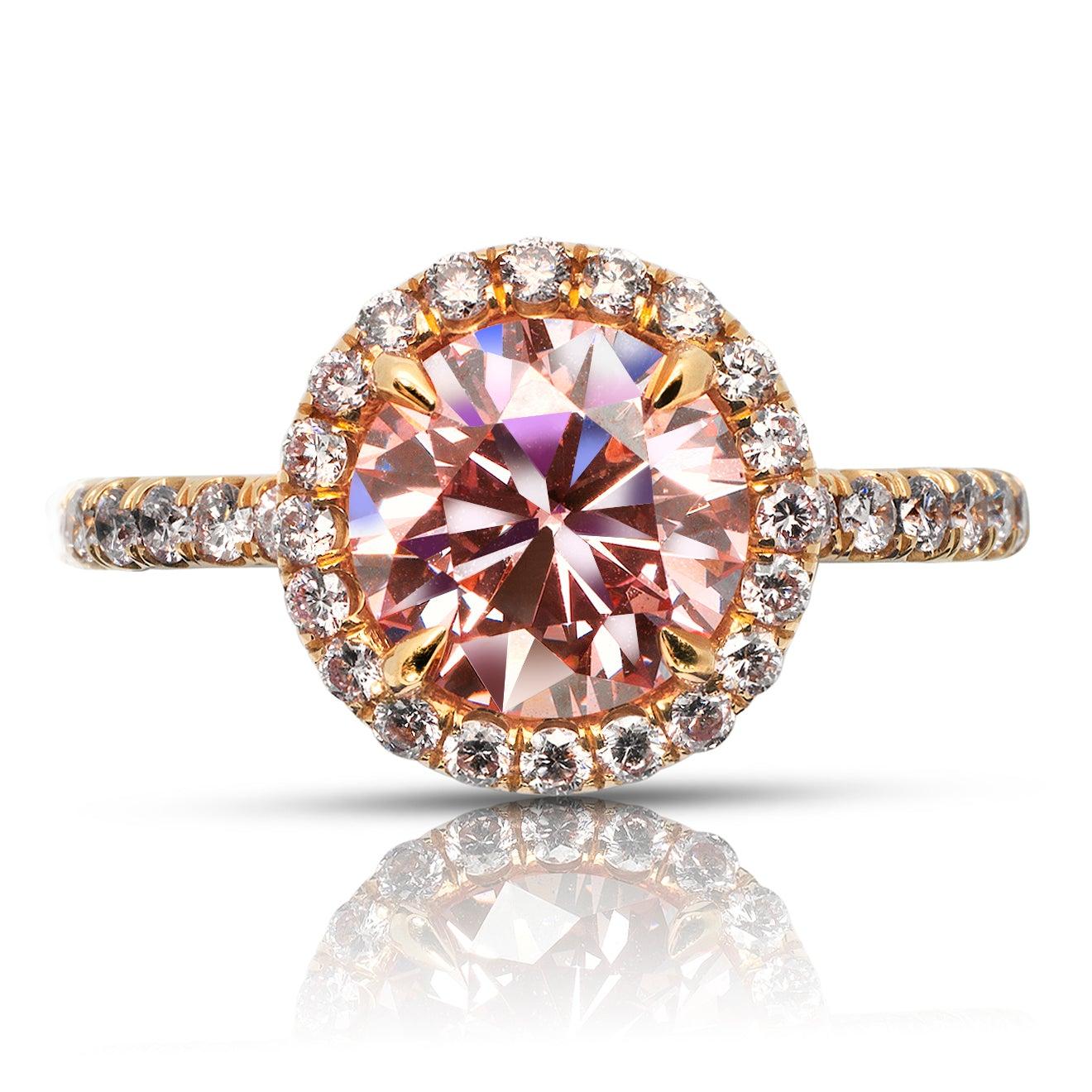 LUNE  -FANCY INTENSE ORANGY PINK HALO PINK DIAMOND ENGAGEMENT RING 18K ROSE GOLD BY MIKE NEKTA

GIA CERTIFIED
Center Diamond
Carat Weight: 1.5 Carats
Color : FANCY INTENSE ORANGY PINK*
Clarity: VVS1
Style: ROUND BRILLIANT 
Approximate Measurements:
