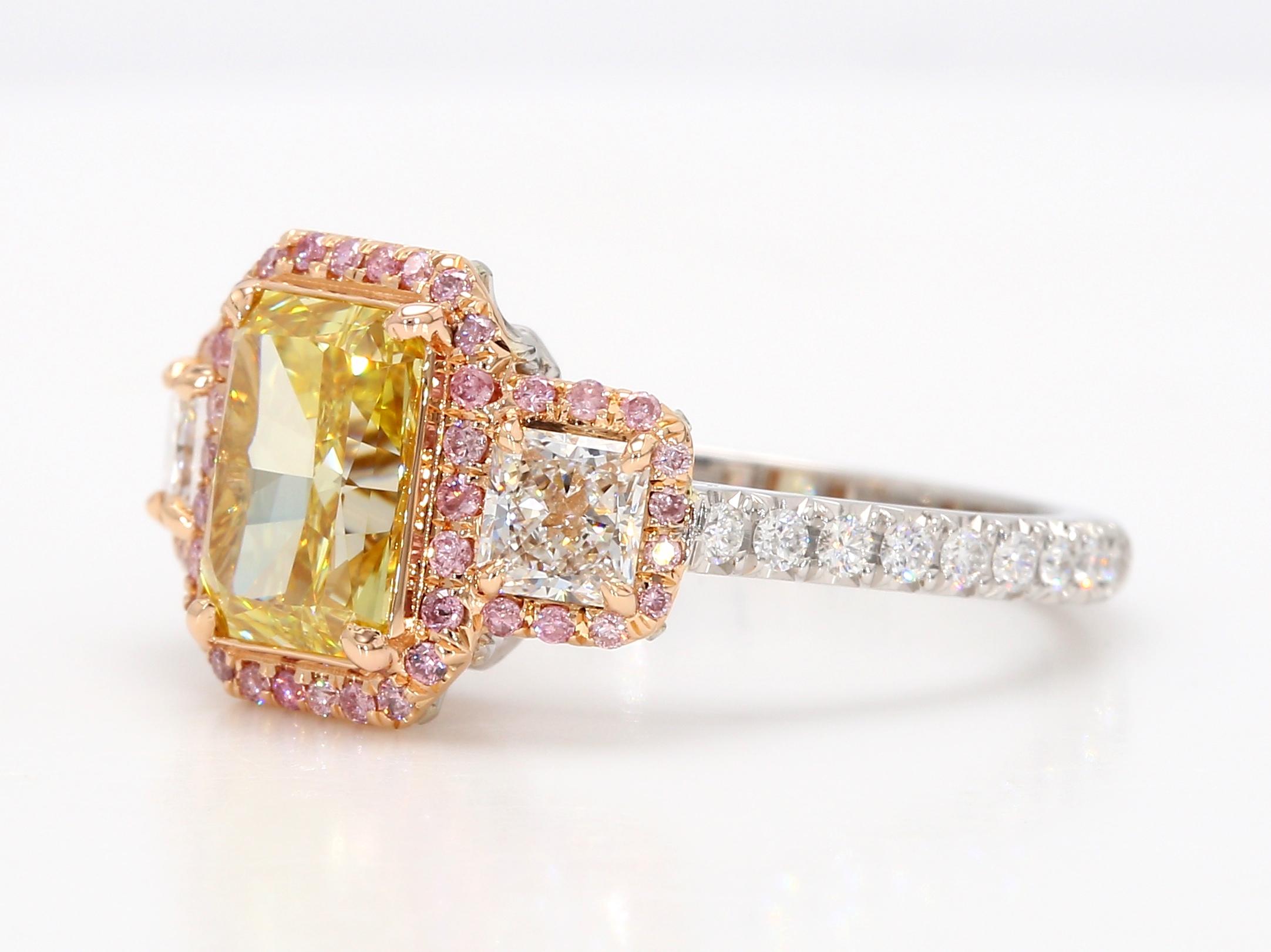 Radiant Cut 2 Carat Fancy Intense Yellow Diamond 3 Stones Engagement Ring GIA Cert. Platinum For Sale