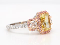 2 Carat Fancy Intense Yellow Radiant Diamond Ring, GIA  Platinum & 18K Rose Gold