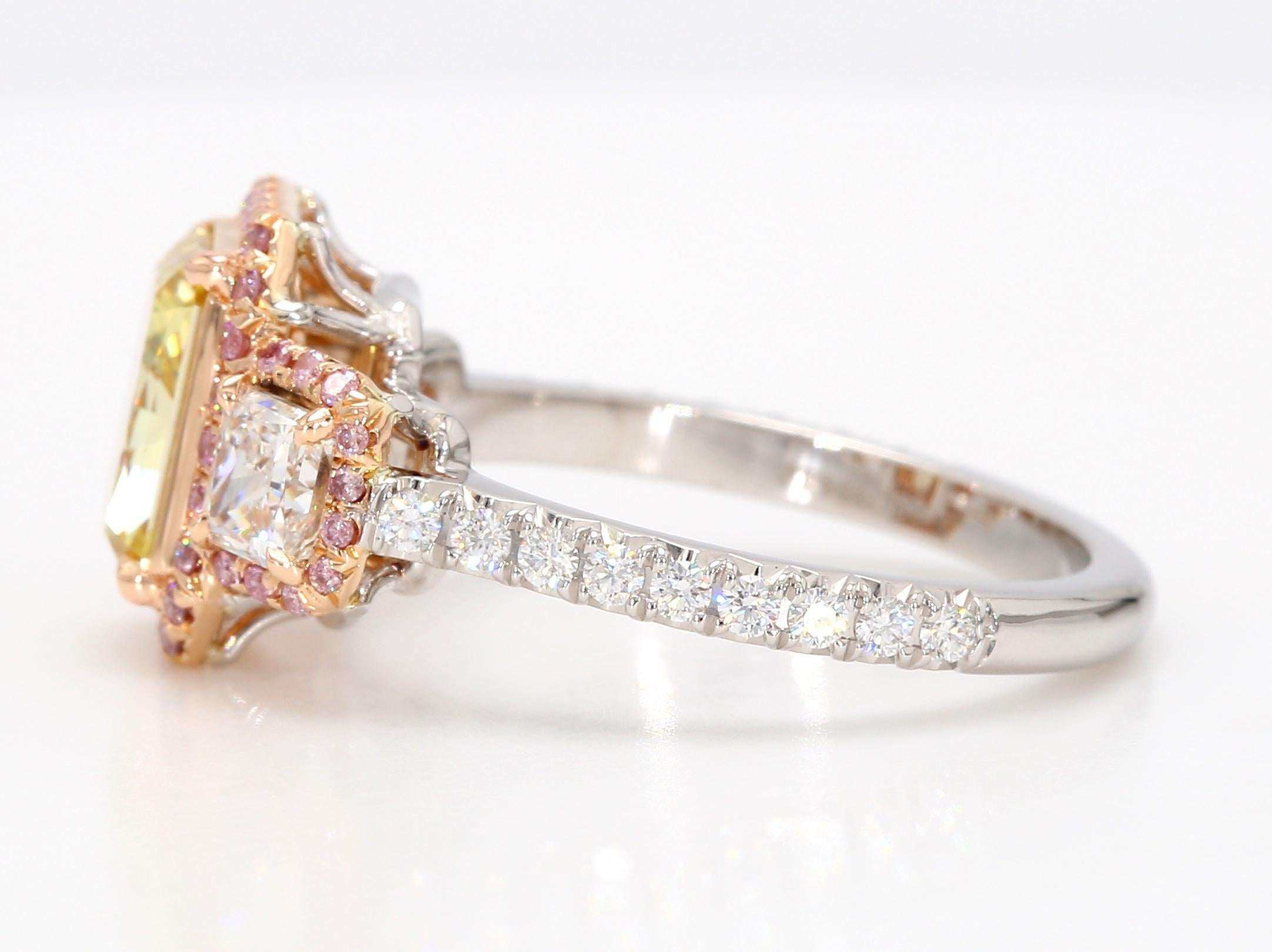 Taille radiant Bague en diamant radiant de 2 carats de couleur jaune intense, GIA  Platine et or rose 18 carats en vente
