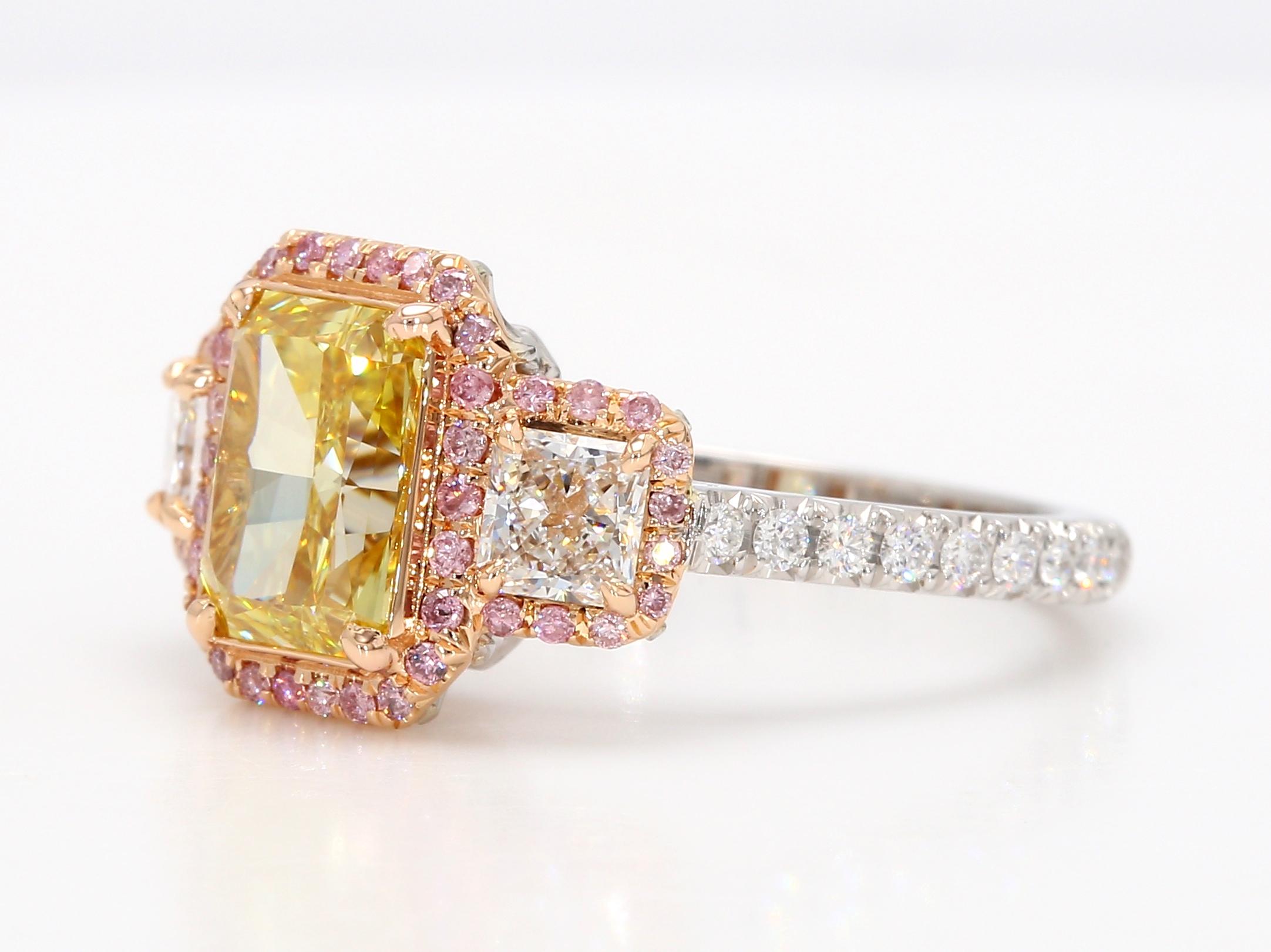 Bague en diamant radiant de 2 carats de couleur jaune intense, GIA  Platine et or rose 18 carats Neuf - En vente à New York, NY