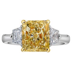 2 Carat Fancy Light Yellow Cushion Three Stone Ring