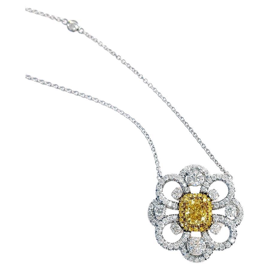 2 Carat Fancy Vivid Yellow and White Diamond Pendant Necklace 18K Gold GIA Cert. For Sale