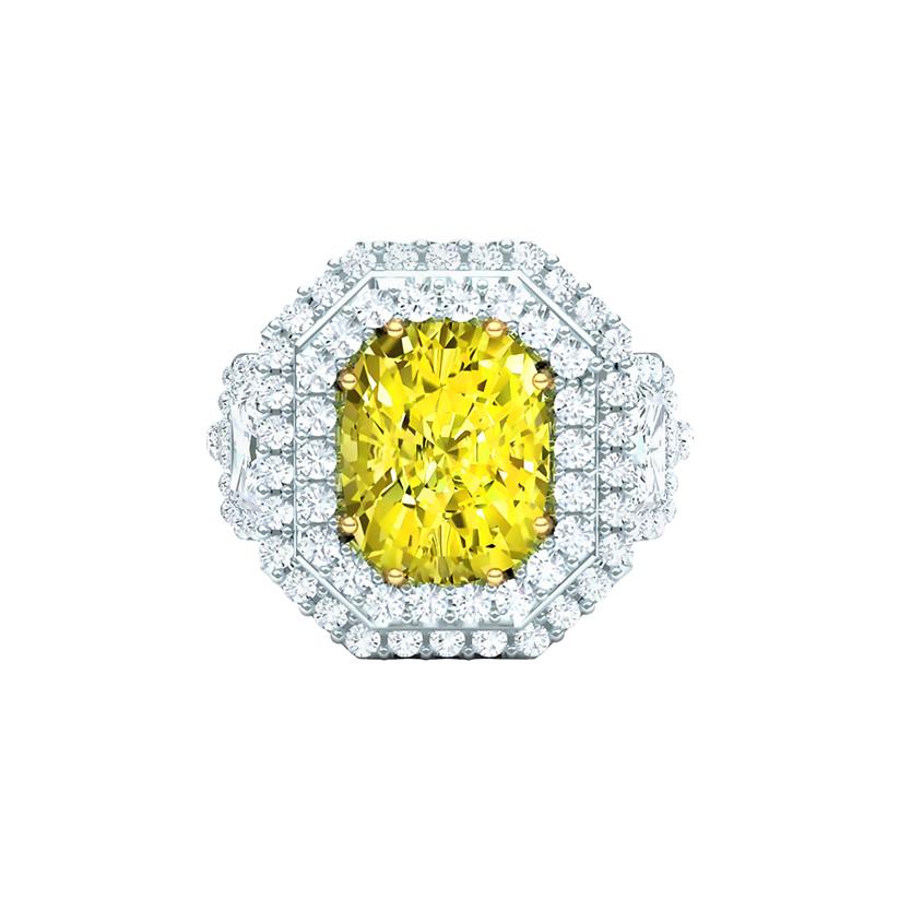 2 Carat Fancy Yellow Canary Cushion Double Halo Diamond Engagement Ring For Sale