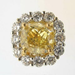 2 Carat Fancy Yellow Cushion Cut Diamond Halo Stud Earrings in 18k Gold